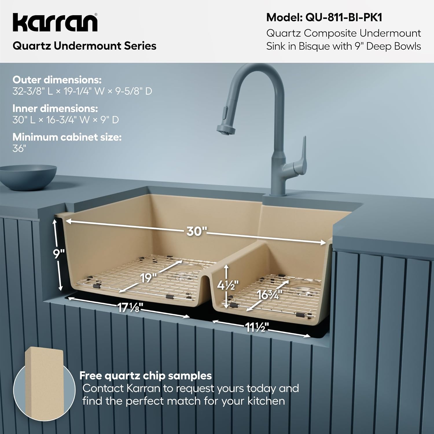 Karran QU-811 32 Inch Undermount 60/40 Double Bowl Quartz Composite Kitchen Sink Kit in Bisque, Large/Small Bowls, Includes Bottom Grids, Basket Drains, Luster Pro Polish, Heat & Scratch Resistant