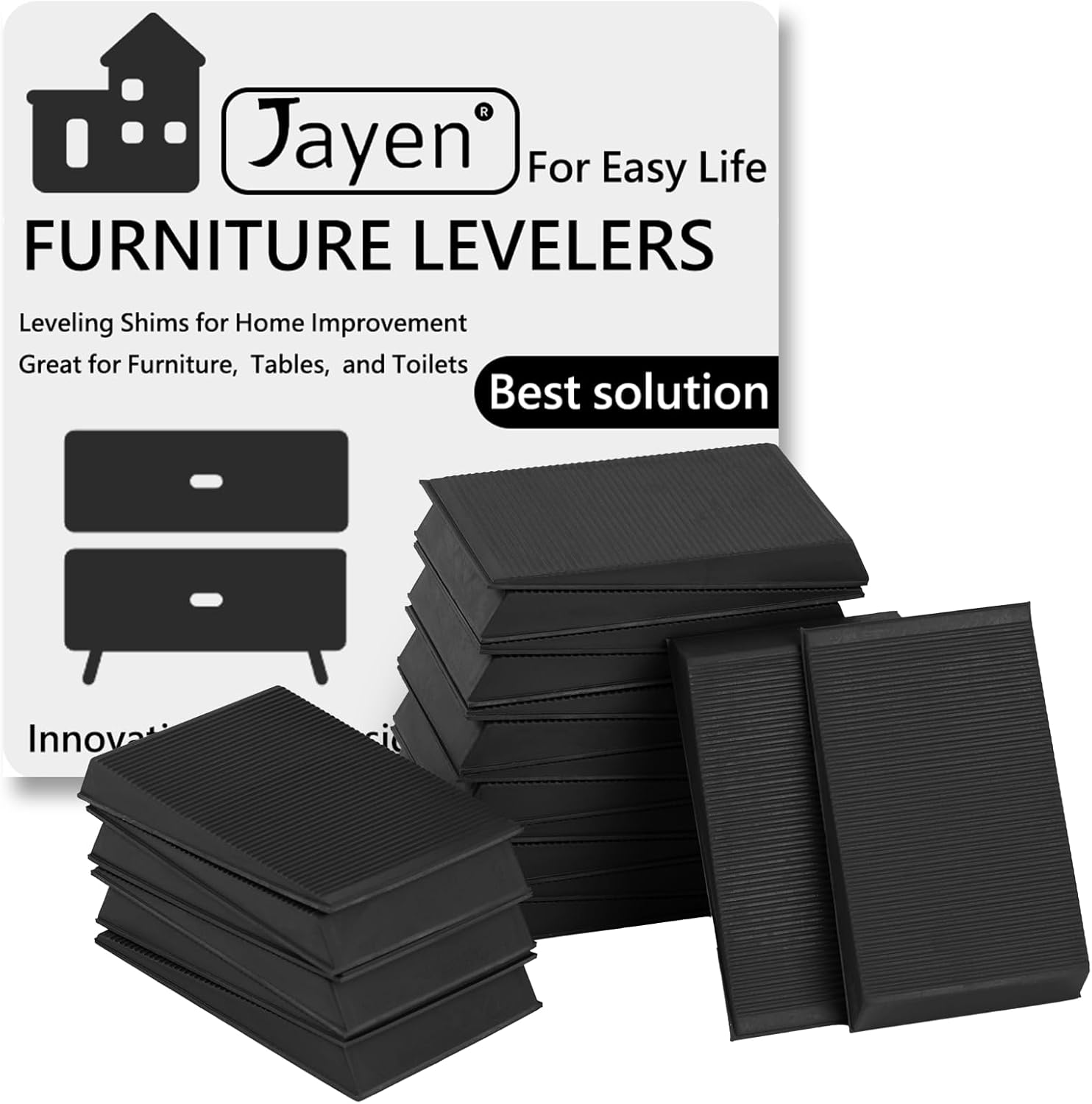 Jayen 20-Pack Flexible Rubber Furniture Levelers Shims - Stop Wobbling Tables, Chairs, Toilets, Appliances on Uneven Floors (Black)