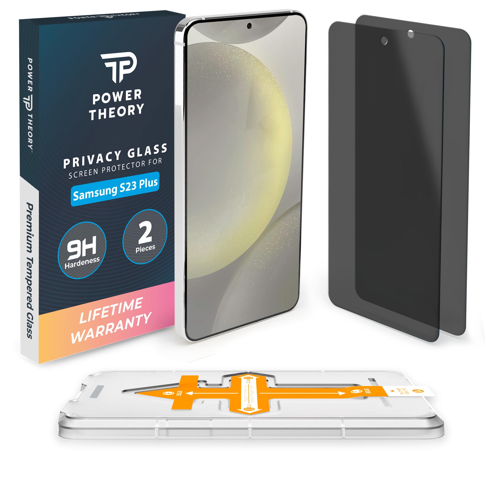 Power Theorycompatible with Samsung Galaxy S23 Plus Privacy Screen Protector Tempered Glass [ Ultra 9H Hardness], 2 Pack, Anti-Spy, Easy Install Kit, 99% HD Bubble Free Clear, Case Friendly