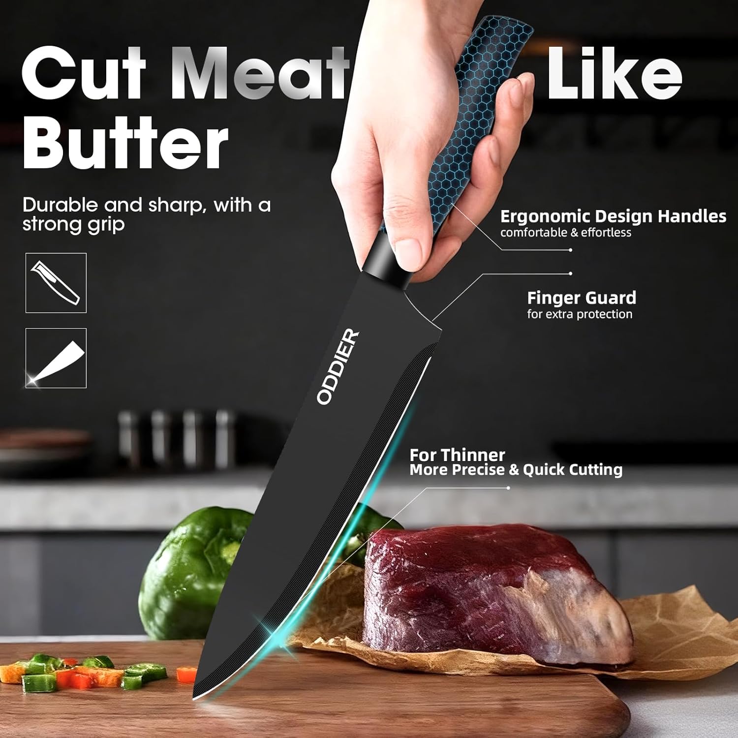 Kitchen Knife Ket with block, Knife Block Set, Anti-Rust High Carbon German Stainless Steel Knife Set, 7 Piece Chef Knife Set, New Home Apartment Essentials, Dishwasher Safe, Black - Image 3