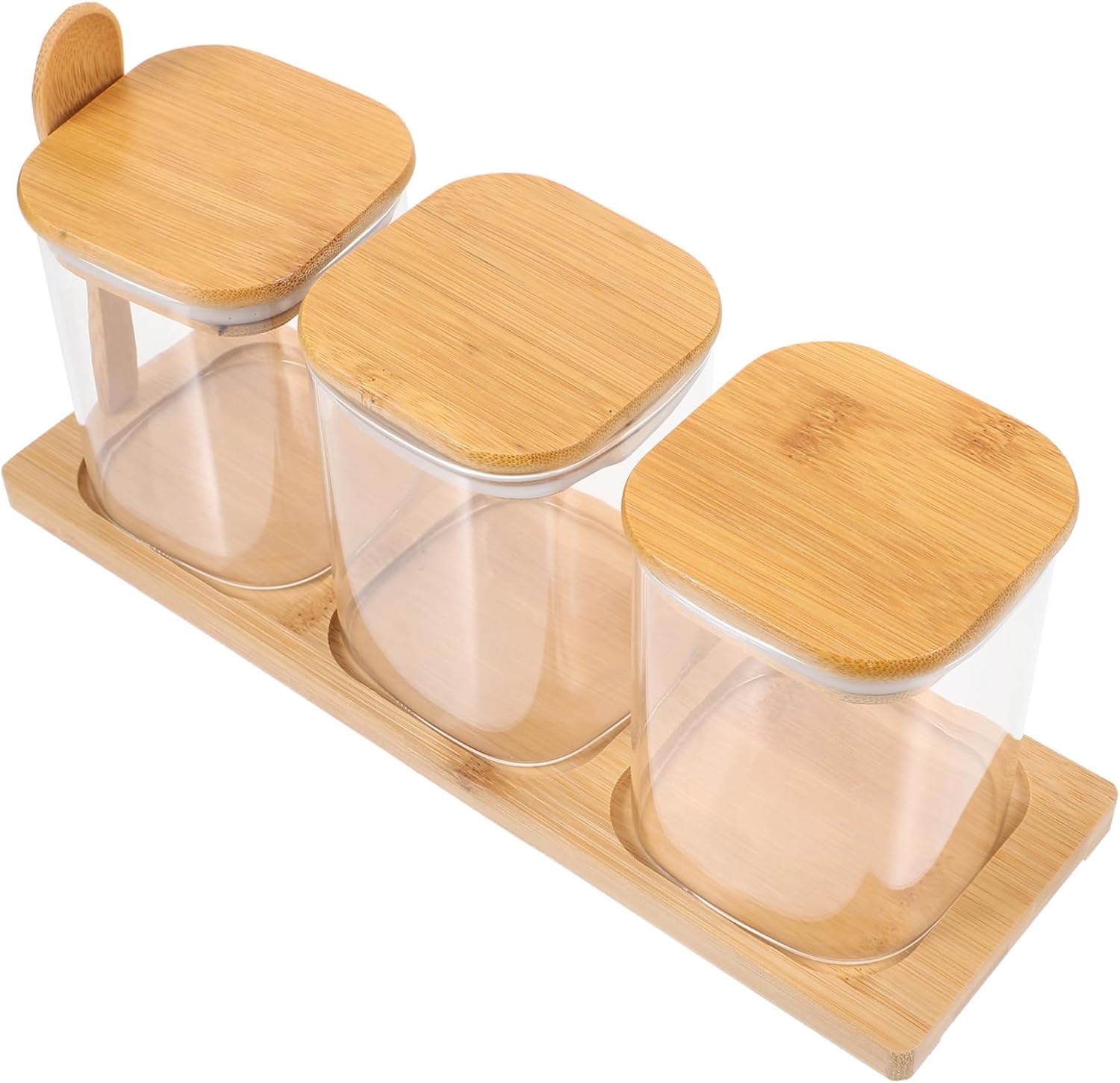 1set Condiment Jar with Wooden Tray Container with Lid Kitchen Storage for Sugar Salt and Seasonings for Organized Cooking