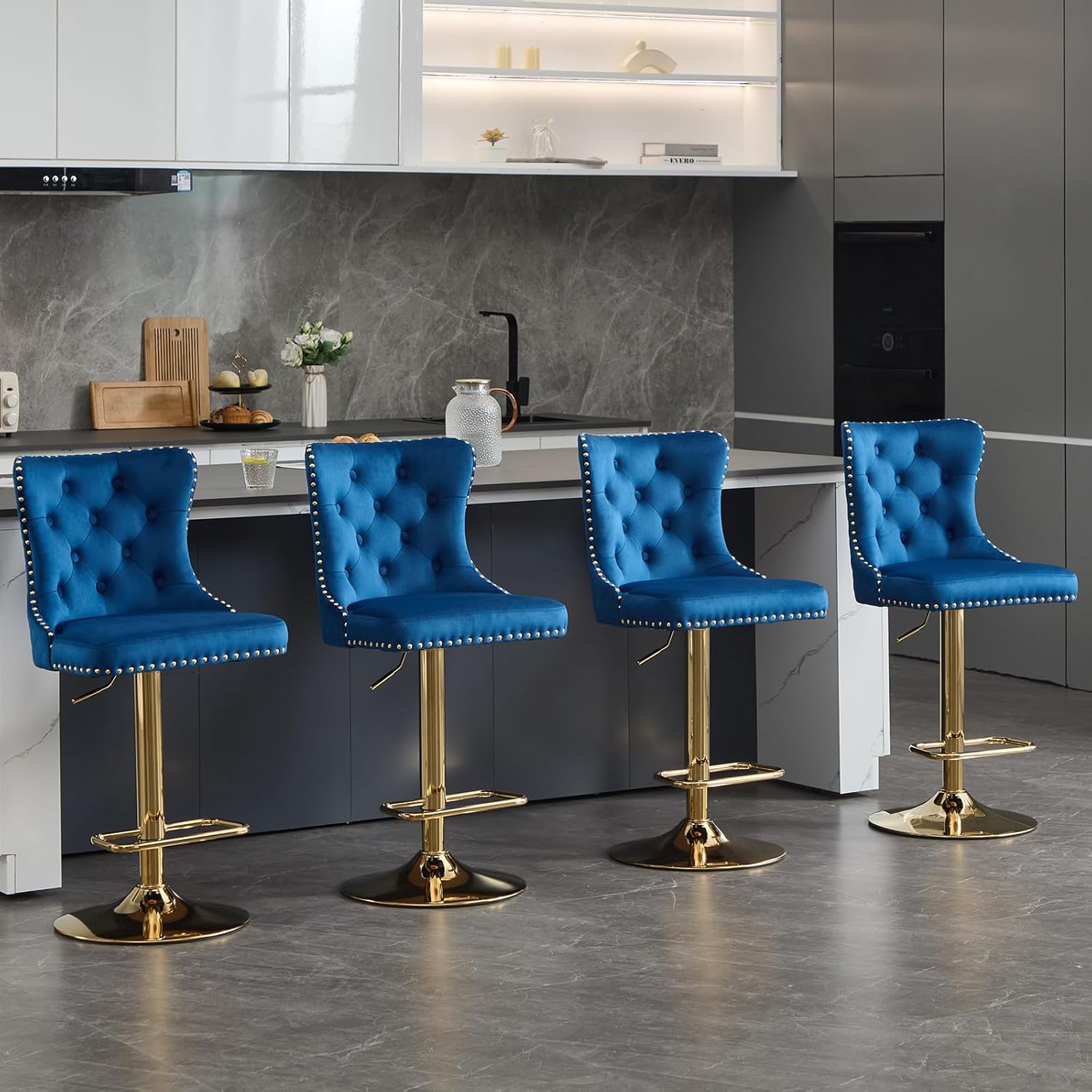 Modern Barstools Set of 2 Adjustable Velvet Bar Stools Counter Height Stools with Back, Upholstered Swivel Bar Chair with Golden Base and Footrest for Kitchen Island/Dining Room, Navy Blue