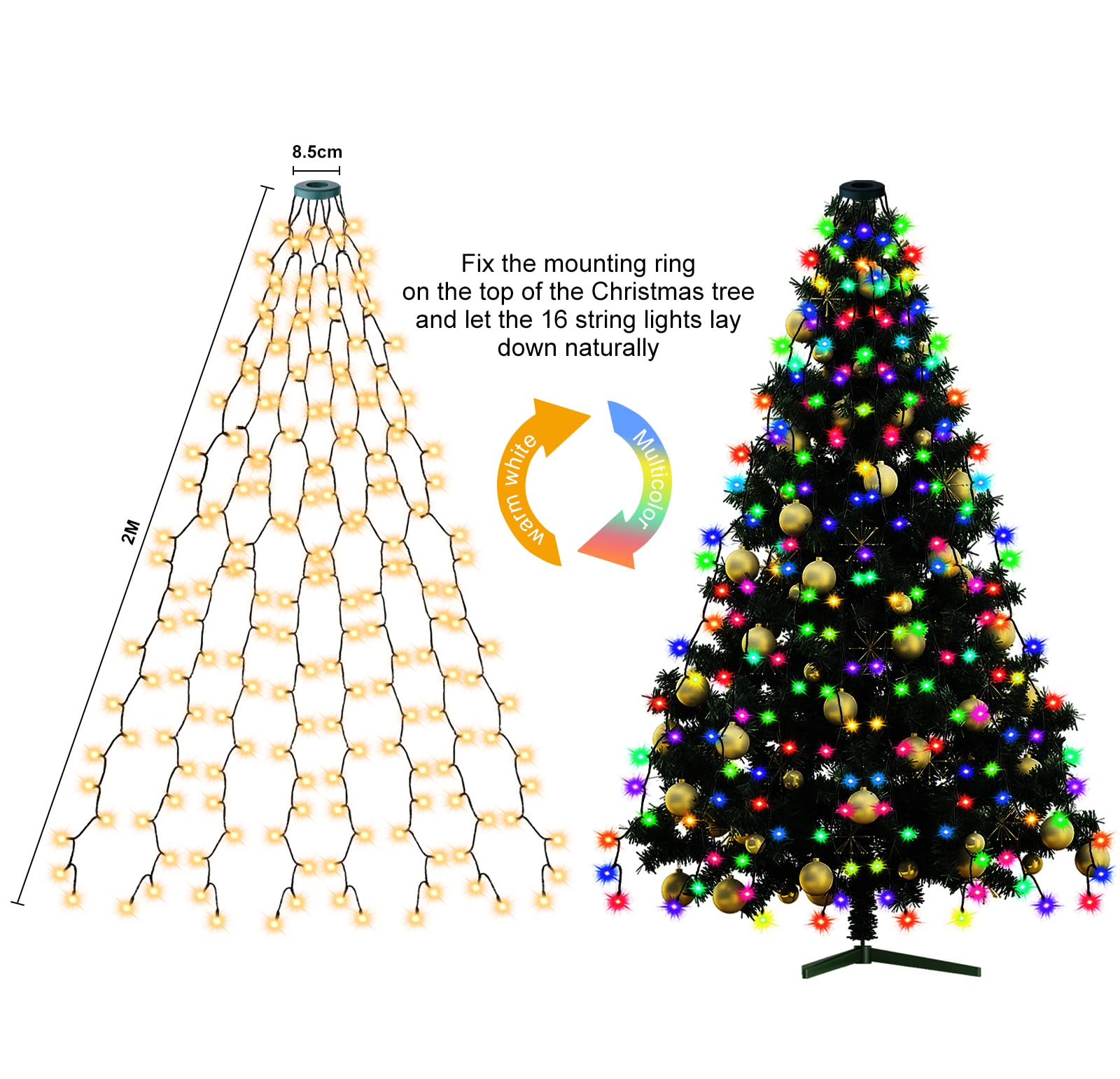 Luci per albero di Natale da 2 m con anello, telecomando e controllo tramite app, catena da 400 LED con 8 modalità, illuminazione per decorazioni natalizie