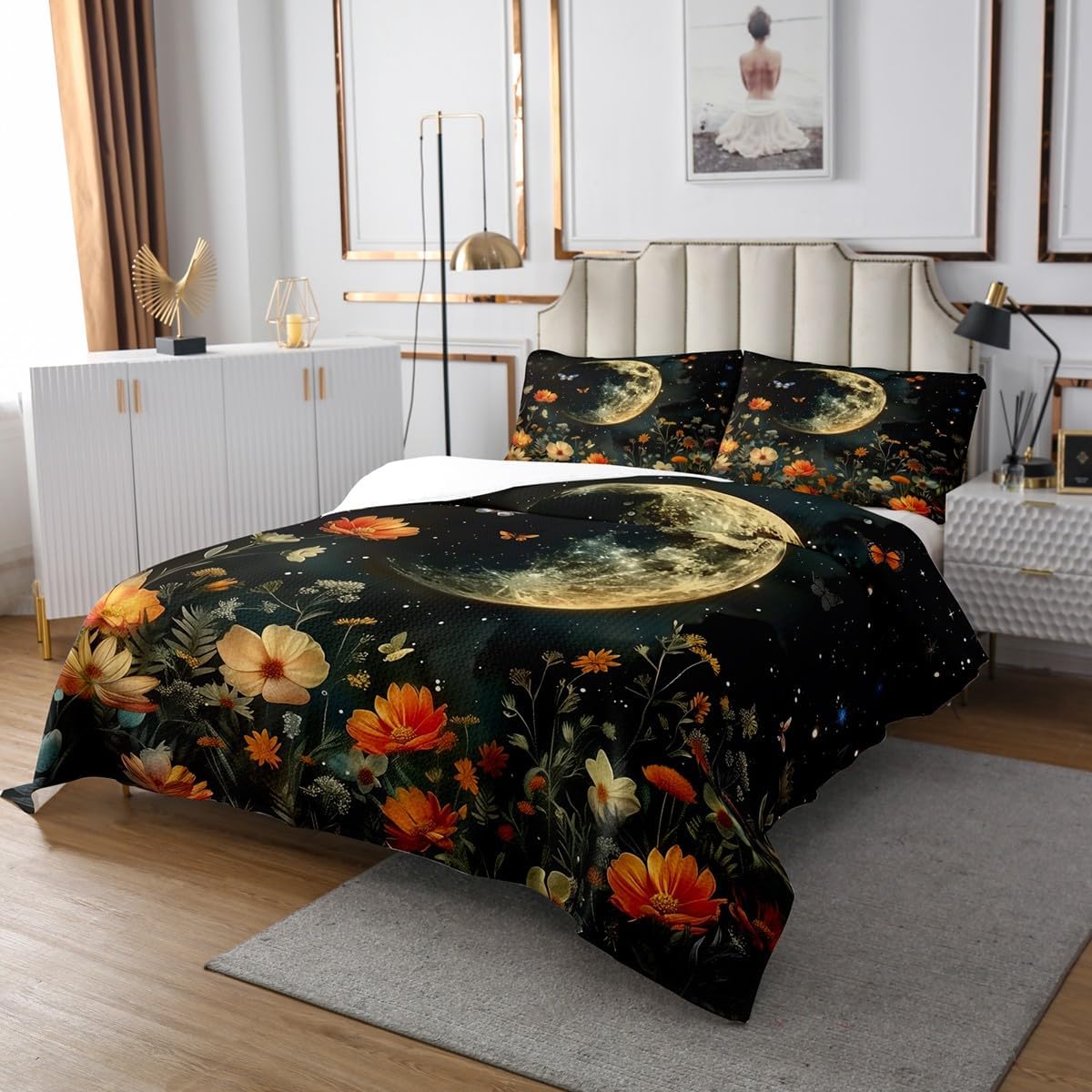 Erosebridal Boho Quilt Set Galaxy Moon Black Queen Bedspread Set - Rustic Butterfly Flower Botanical Coverlet Sets Farmhouse Aesthetic Abstract Quilted