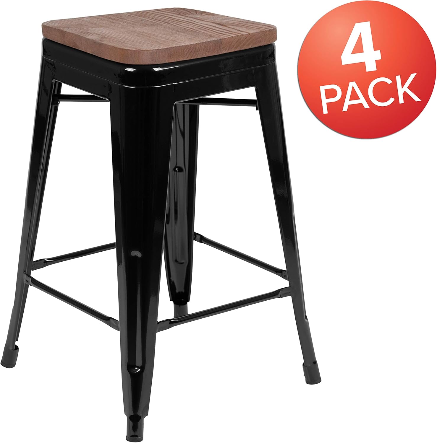 BizChair 24" High Metal Counter-Height, Indoor Bar Stool with Wood Seat in Black - Stackable Set of 4