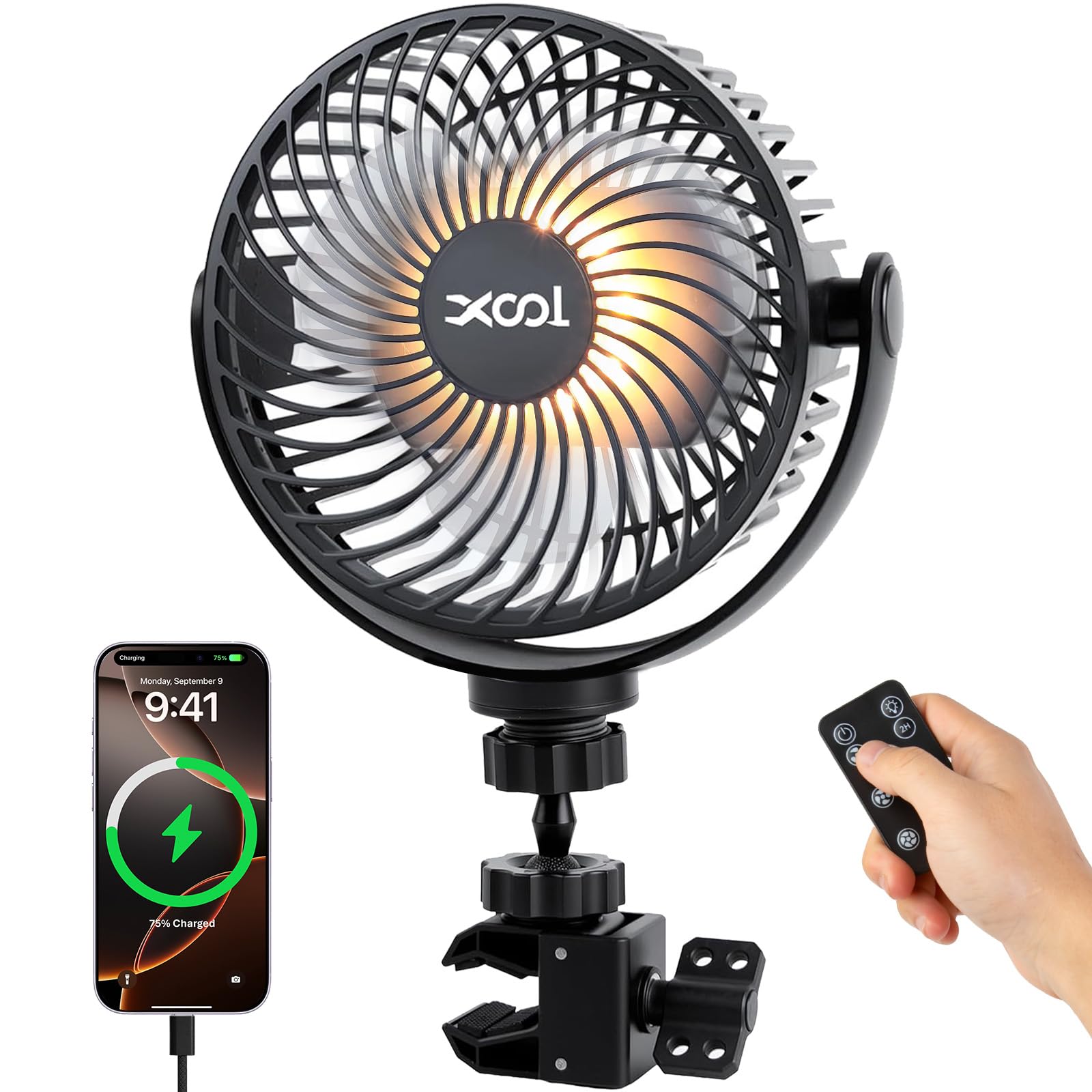 XOOL 12000mAh Rechargeable Clip Car Fan, 6-Inch Battery Operated Car Fan with 3 Speeds & 3 Brightness LED Light, Portable Cooling Fan with Sturdy Clamp for SUV, RV, Golf Cart, Camping