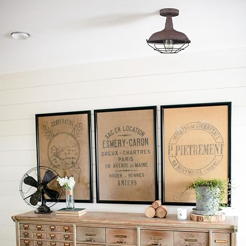 Miniatura 7 de DAYCENT Lámpara de techo rústica semiempotrada estilo granero, lámpara de techo de jaula de metal de granja, 1 luz de techo industrial enjaulada de