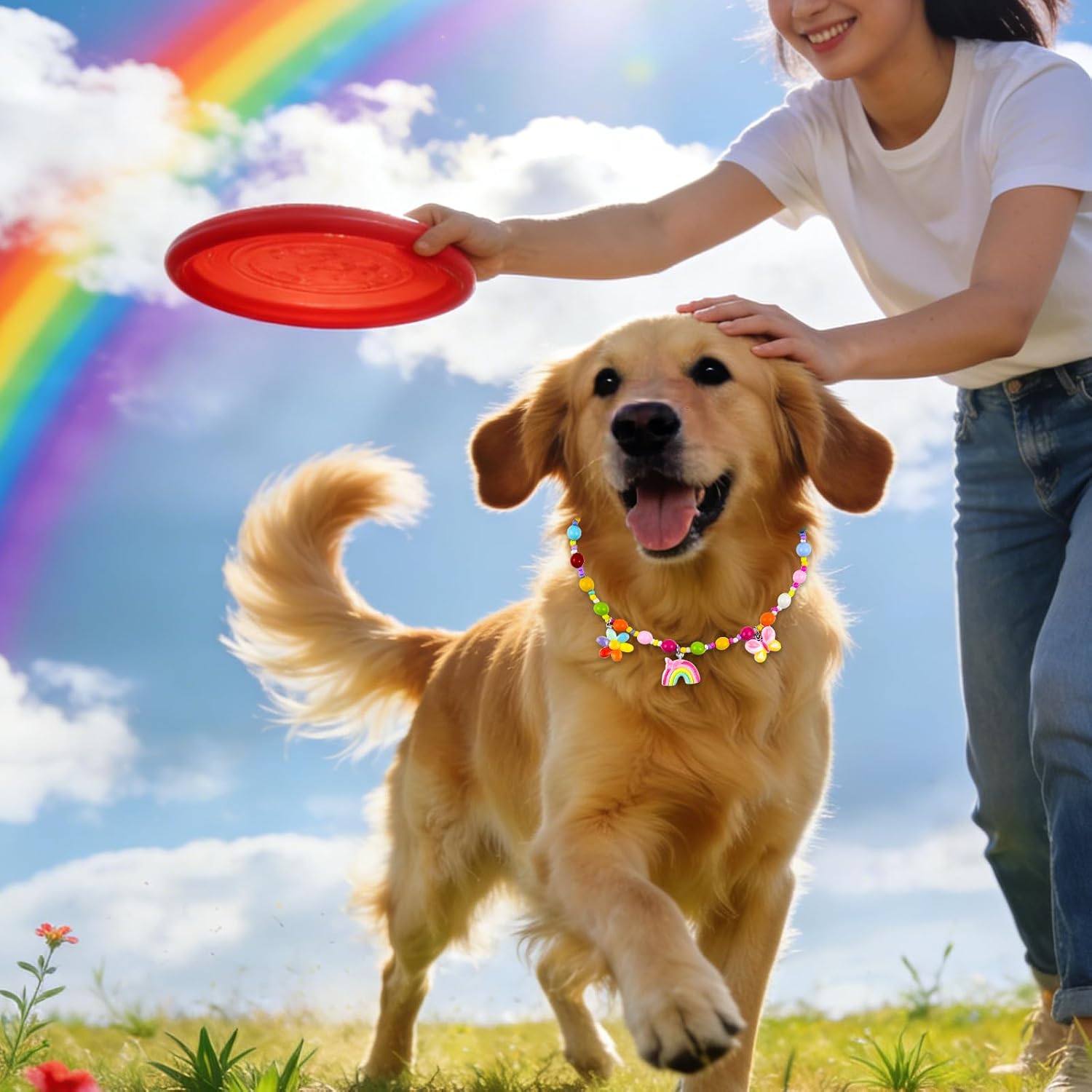 Colorful Pearl with Cute Pink Rainbow Pendant Necklace - Adjustable Pet Dog Cat Collar for Small Medium Puppy Kitten Birthday Party Costume Accessories with Gift Box (S, 7-11 inches)