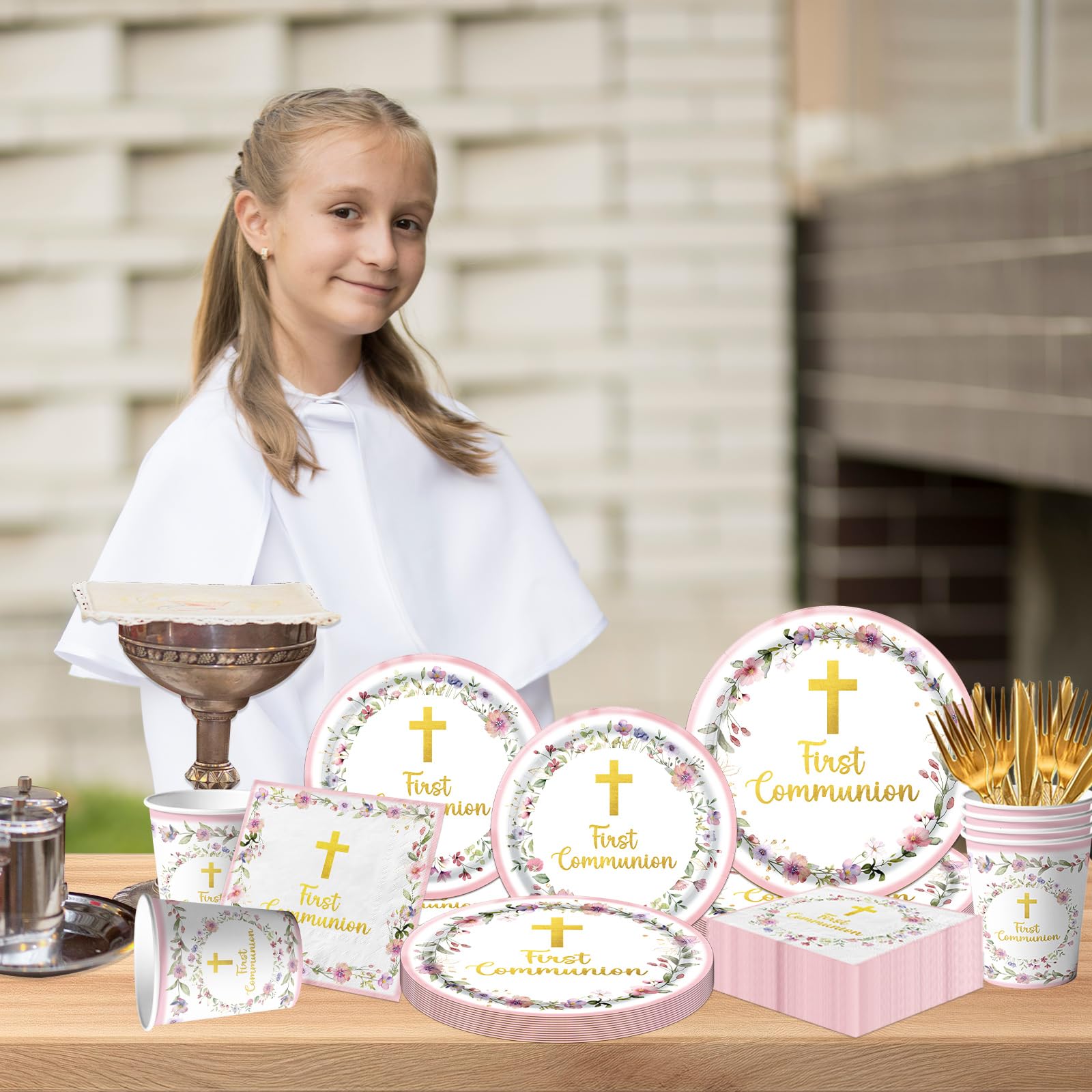 Decoraciones de primera comunión, 150 platos y servilletas rosas de primera comunión, suministros de cumpleaños, suministros de cumpleaños, vajilla de papel para niñas, bautizo, celebración, fiesta de