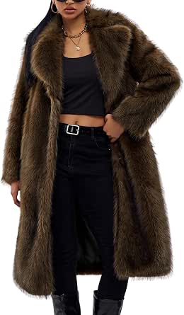 Women's Faux Fur Coat Long Fluffy Lapel Furry Jacket Winter Warm Coat