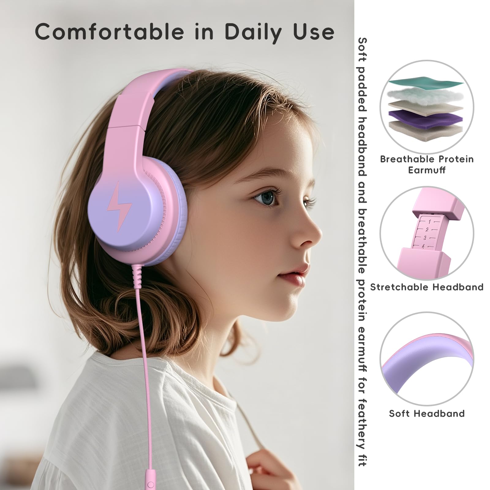 Candy Bila Cuffie cablate per bambini con microfono, limitatore di volume 85/94 dB, per ragazze e ragazzi, viola chiaro