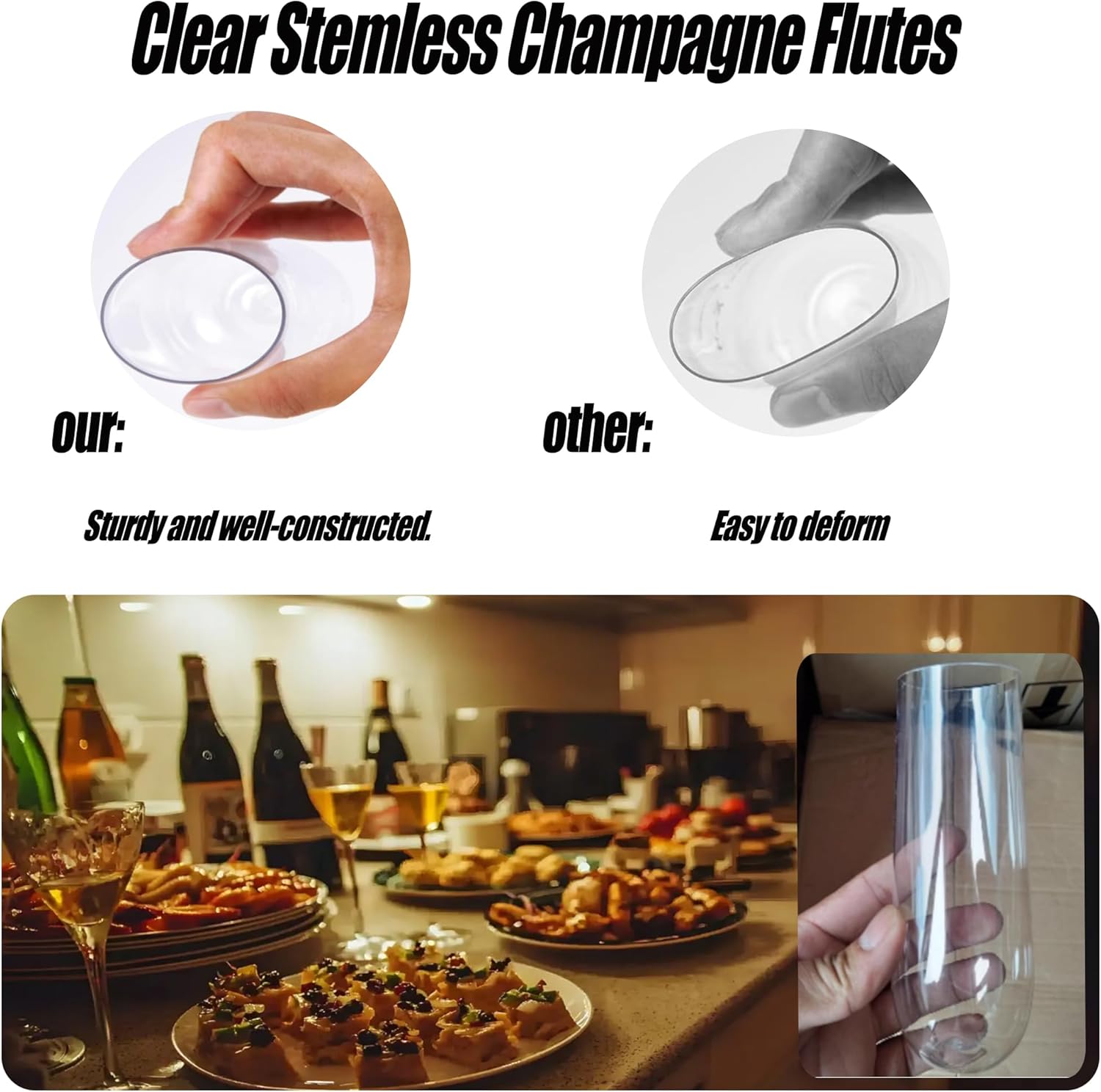 AGH 9 oz Stemless Plastic Champagne Flutes 24 Pack Clear Champagne Glasses Shatterproof Recyclable Plastic Cup for Party Smoothie and Drink,Smooth Rims and BPA-Free.