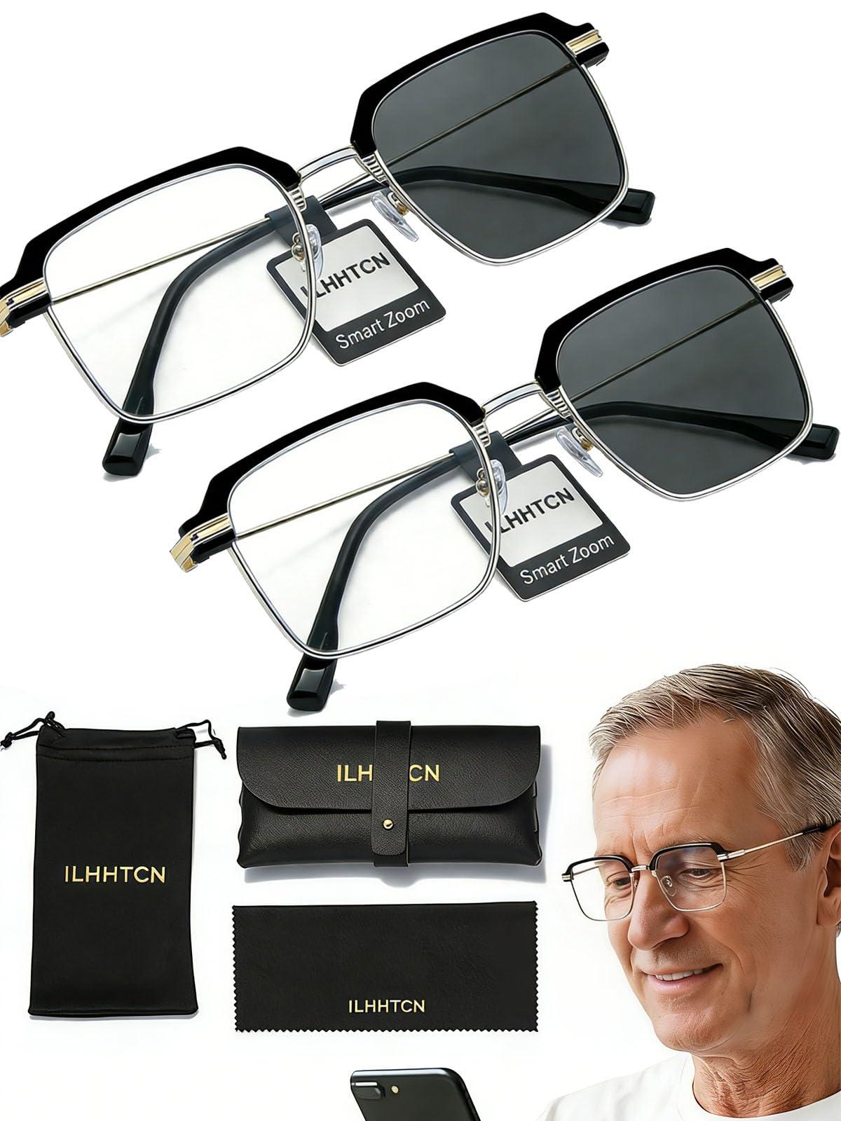 Photo 1 of ILHHTCN Frameless Smart Zoom Reading Glasses for Men & Women, Auto Focus Distance Near Progressive Multi-focus HD Vision(Sliver,2pcs)