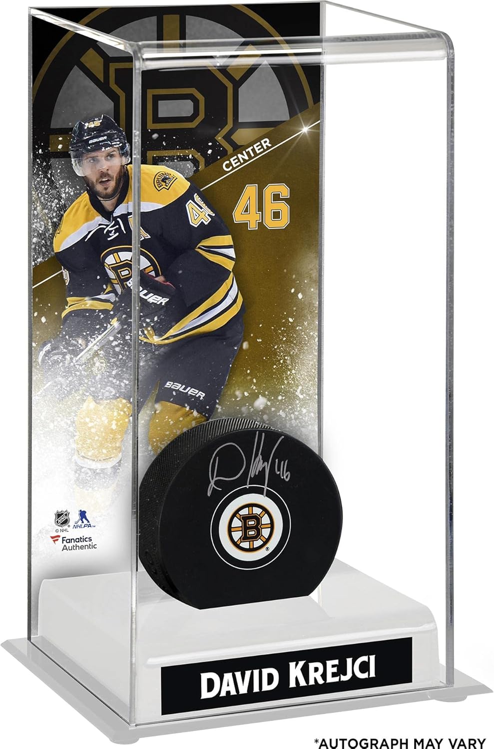 David Krejci Boston Bruins Autographed Puck with Deluxe Tall Hockey