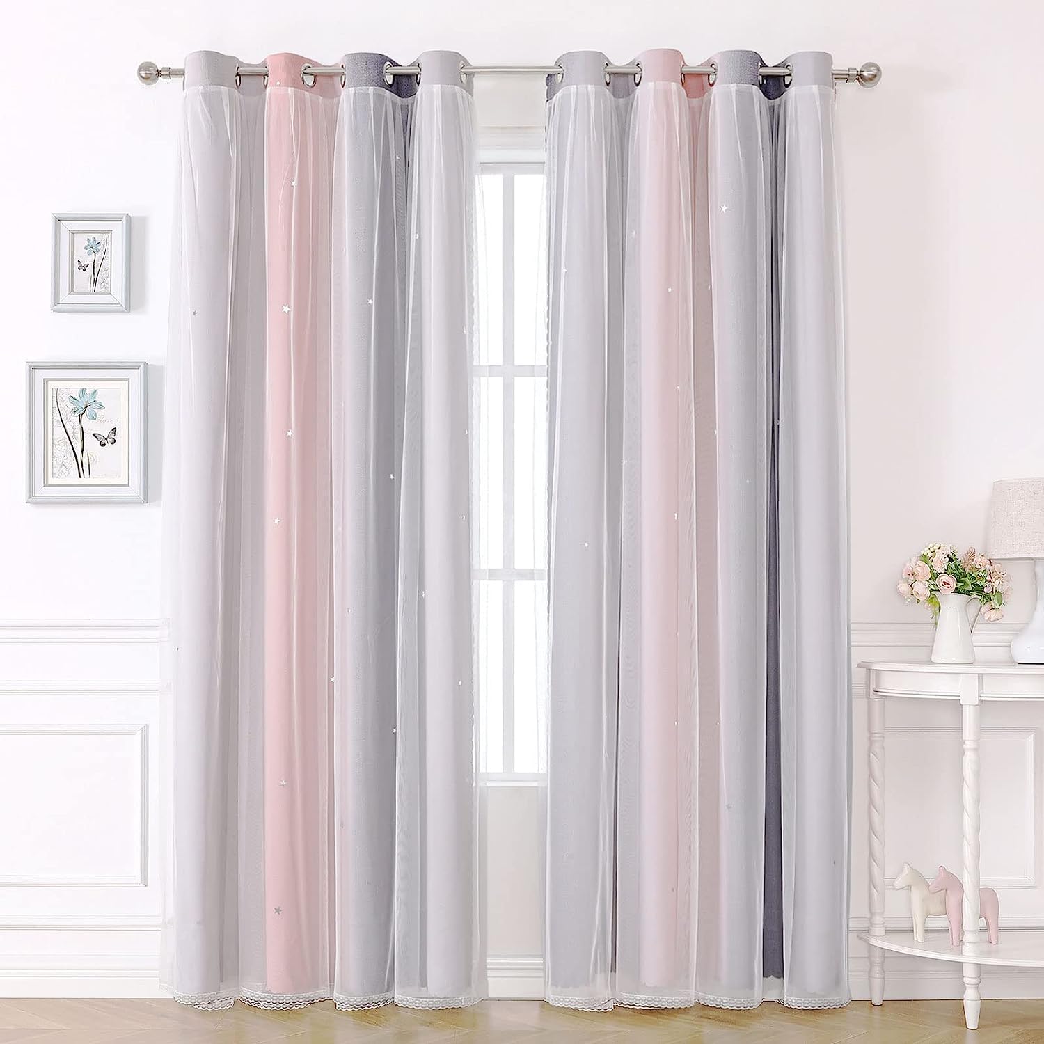 Blackout Curtains for Living Room Bedroom Home Nursery Kids,2 Panel 46 x 54 inch Drop White Voile Net Curtains for Windows,Soundproof Thermal Black Out Curtains Eyelet Set Pink Grey Curtains