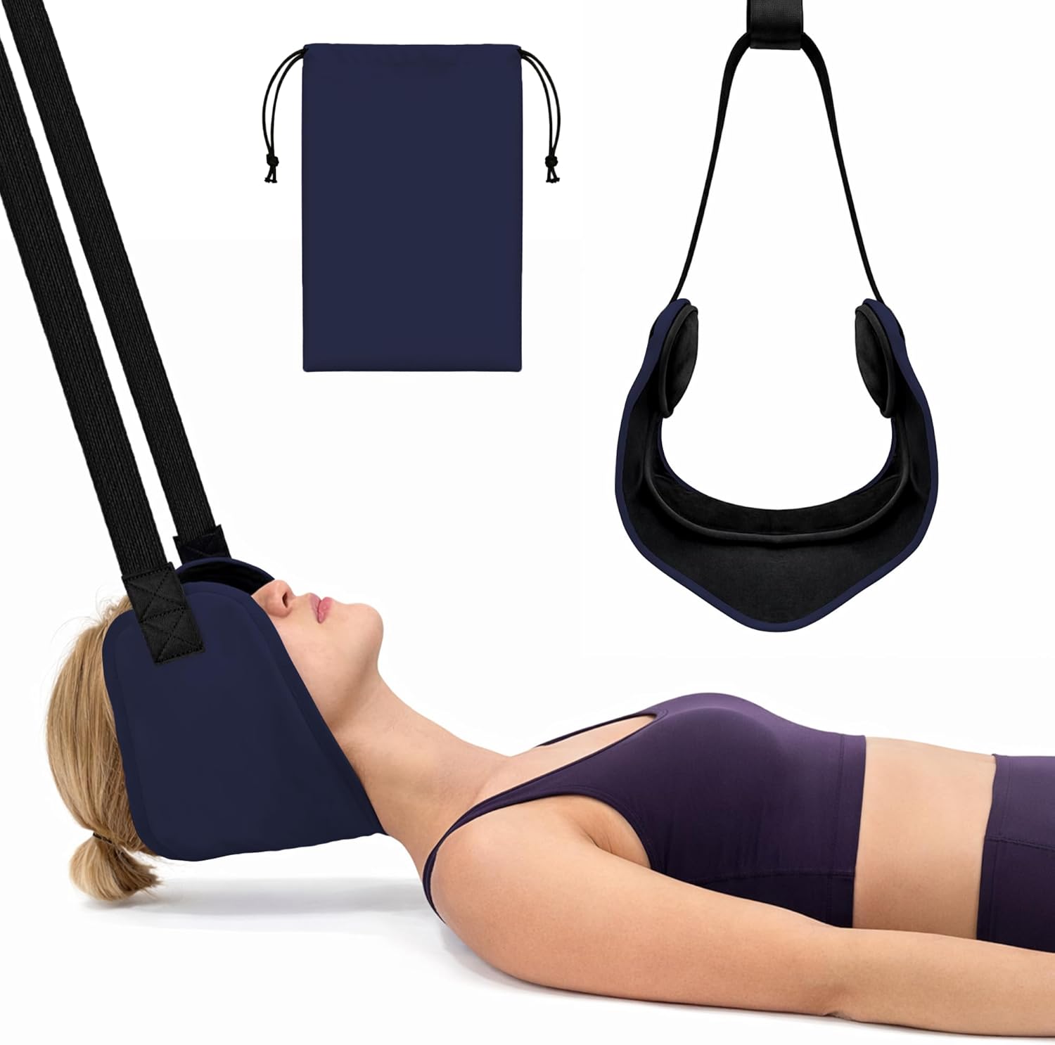 SPRING SEAON Adjustable Neck Hammock Neck Stretcher,Cervical Traction Device for Neck Decompression,Pinched Nerve Relief,Portable Release Buckle,Cervical Pillow and 2 Ear Pads Home & Office (NavyBlue)