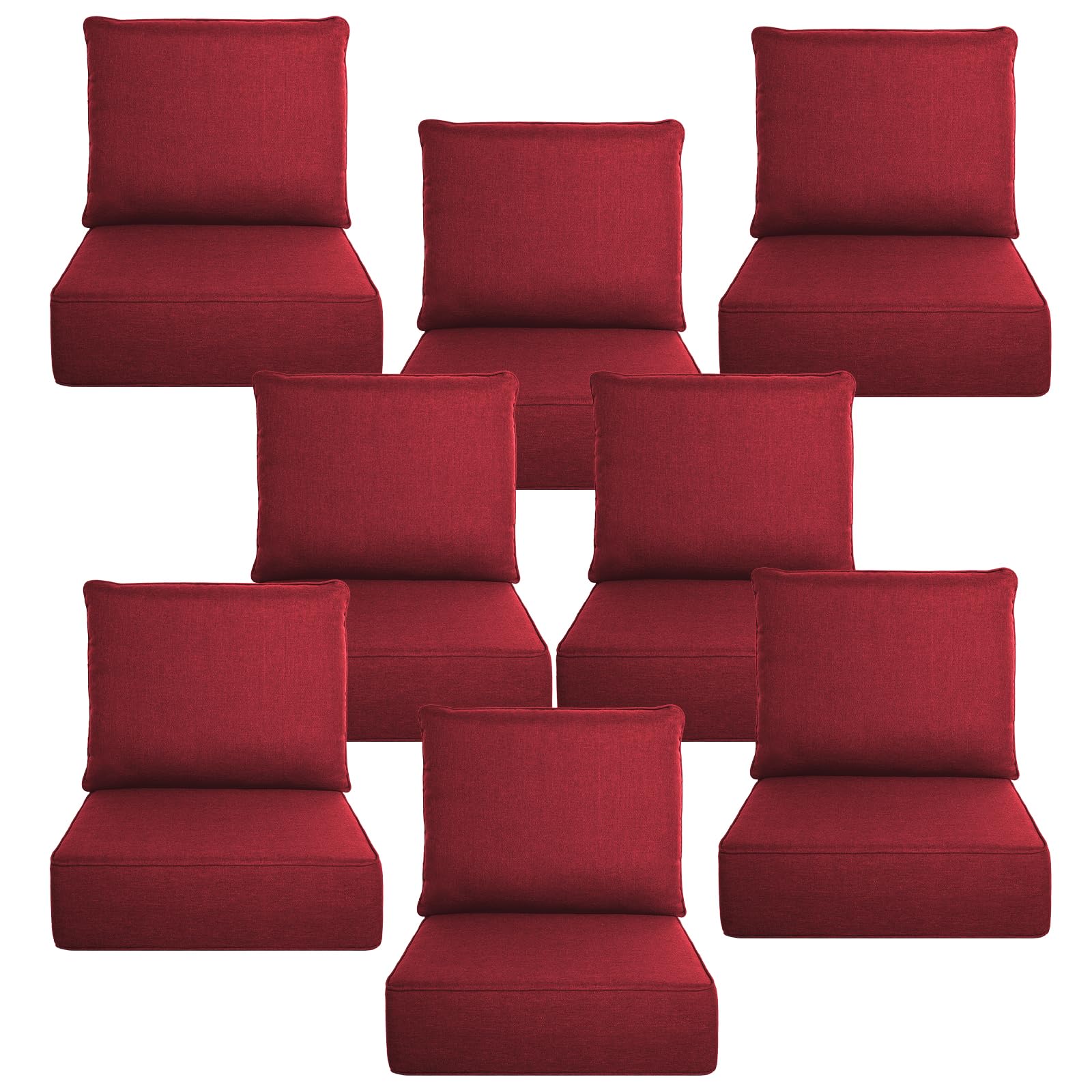 Luxury 6" Thick Outdoor Cushion Set 8-24x24 Patio Furniture Cushions with 28D High-Density Foam, Water-Resistant &amp; Fade-Resistant Fabric, Removable Covers for Patio Furniture Sofa Couch -Red