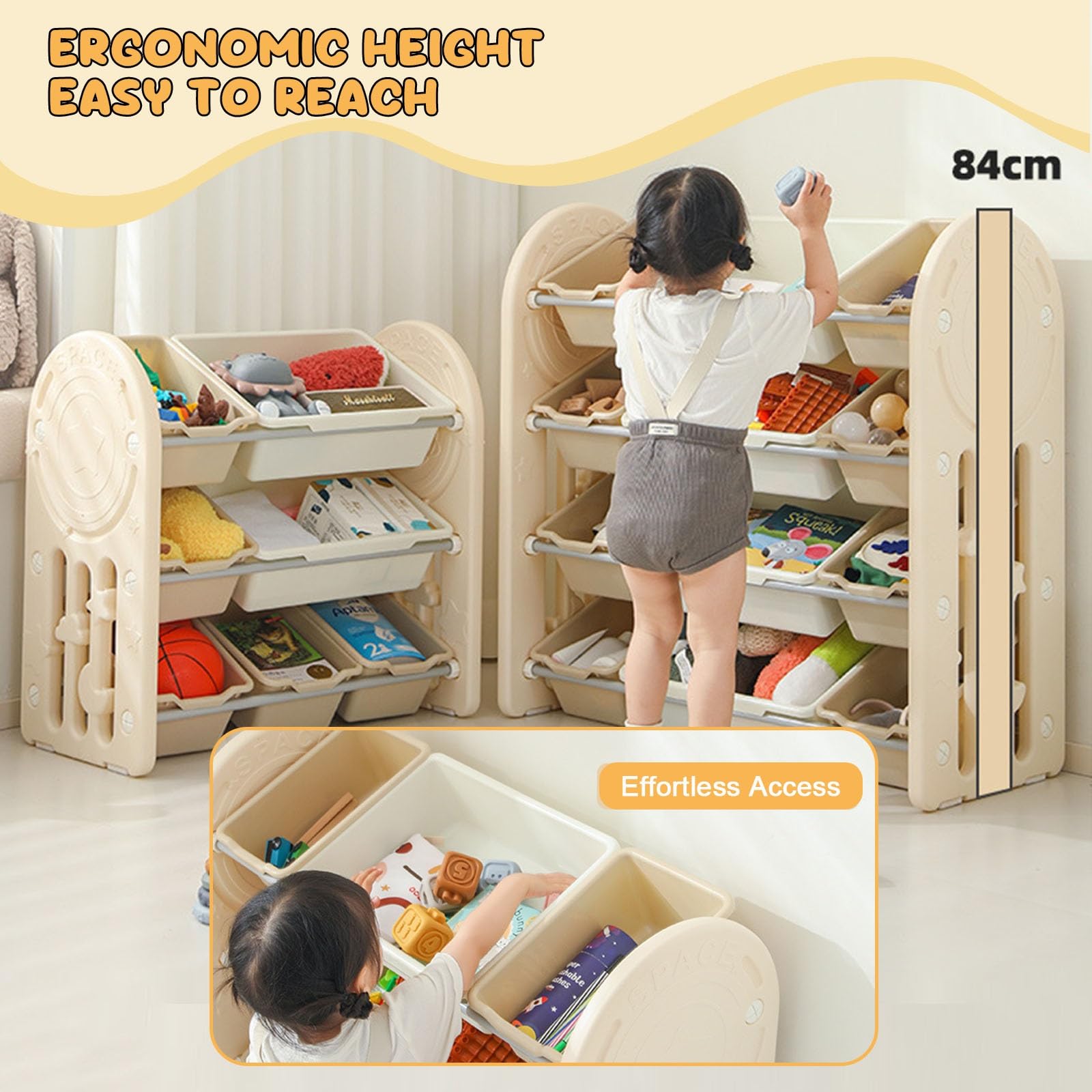 Scaffale Portaoggetti per Giocattoli con Contenitori Rimovibili e Ripiani Scaffale per Giocattoli per Camera da Letto, Cameretta o Sala Giochi Montessori(Beige,40.5 * 13.8 * 33in)