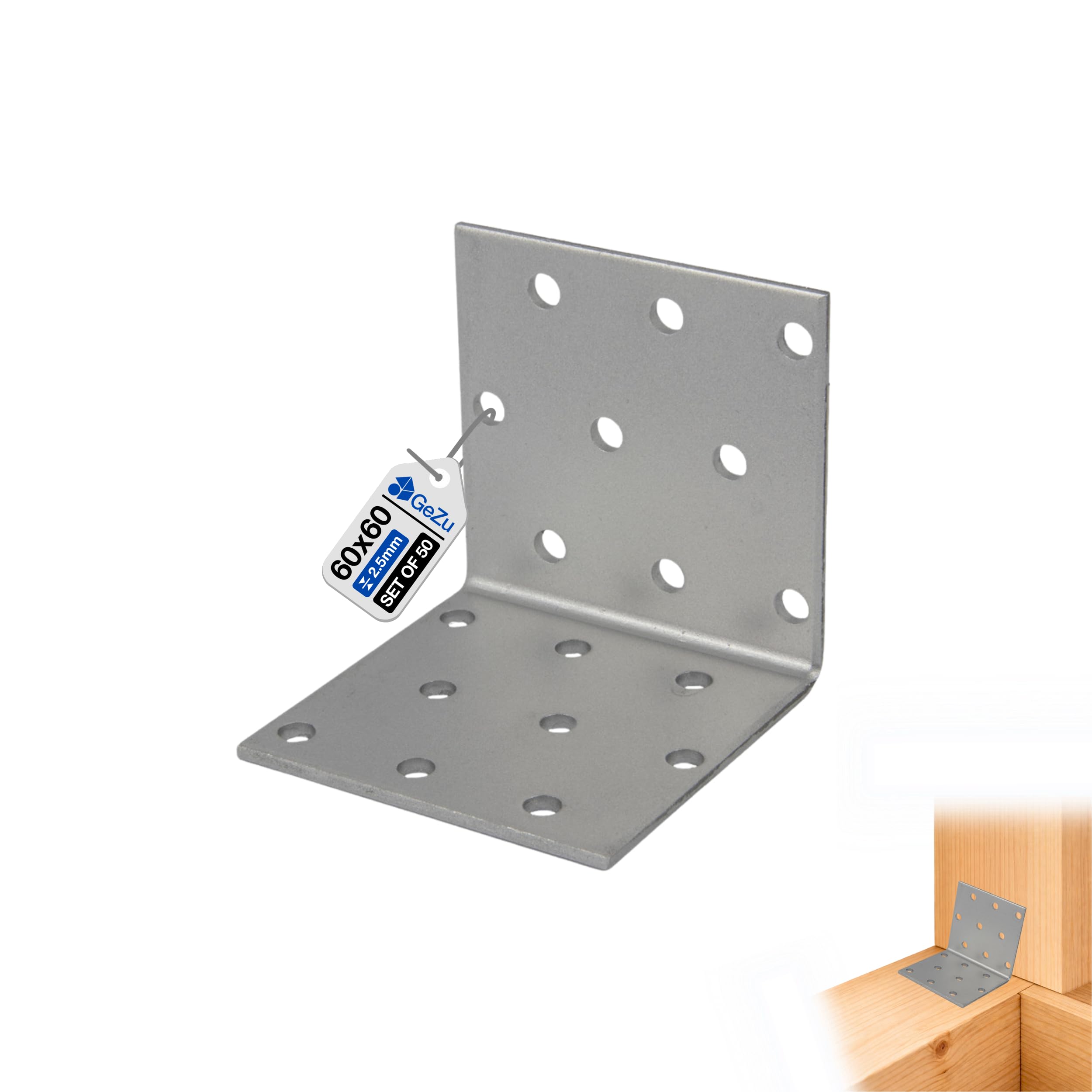 GeZu Impex Angle Bracket 60 x 60 x 60 mm Galvanised Set of 50 Perforated Corner Braces Brackets Connector Wood
