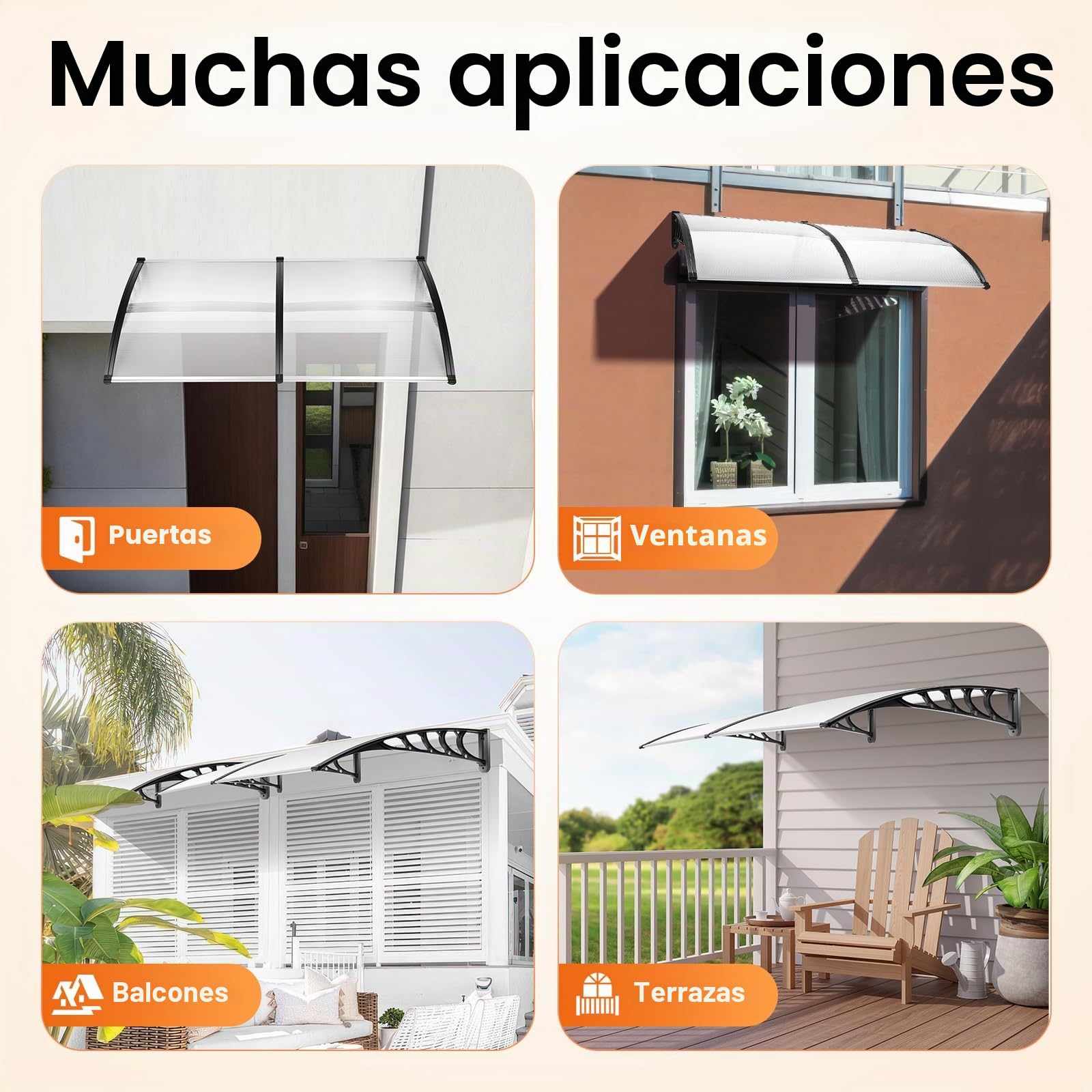 Marquesina para puerta de casa, 200 x 90 cm, de aluminio y policarbonato, toldo transparente para puerta de casa, toldo para puerta, ventana, porche, color gris