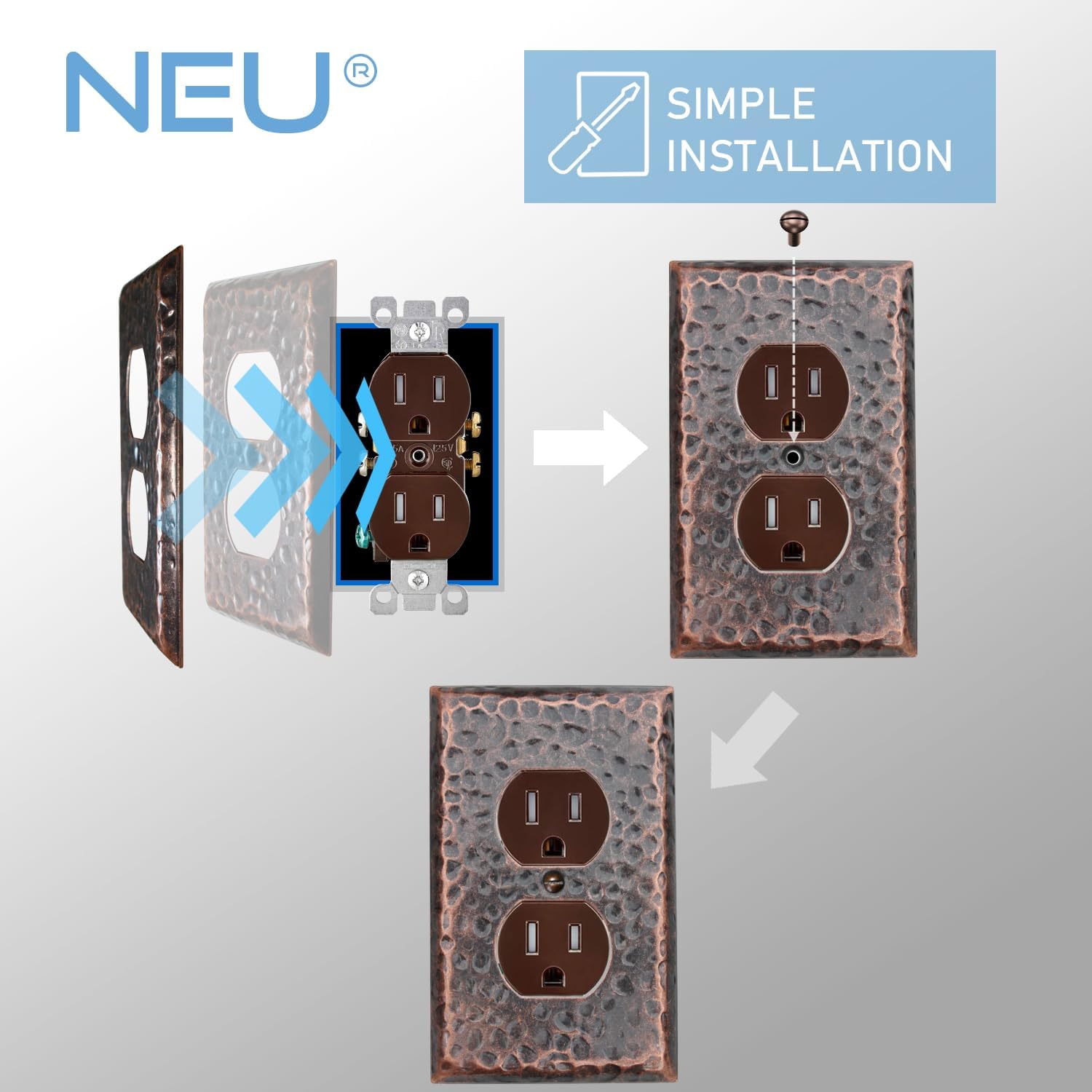 [5 Pack] Hammered Copper 1-Gang Duplex Receptacle Outlet Switch Cover Mid-Size Wall Plate, 3" x 4.75"