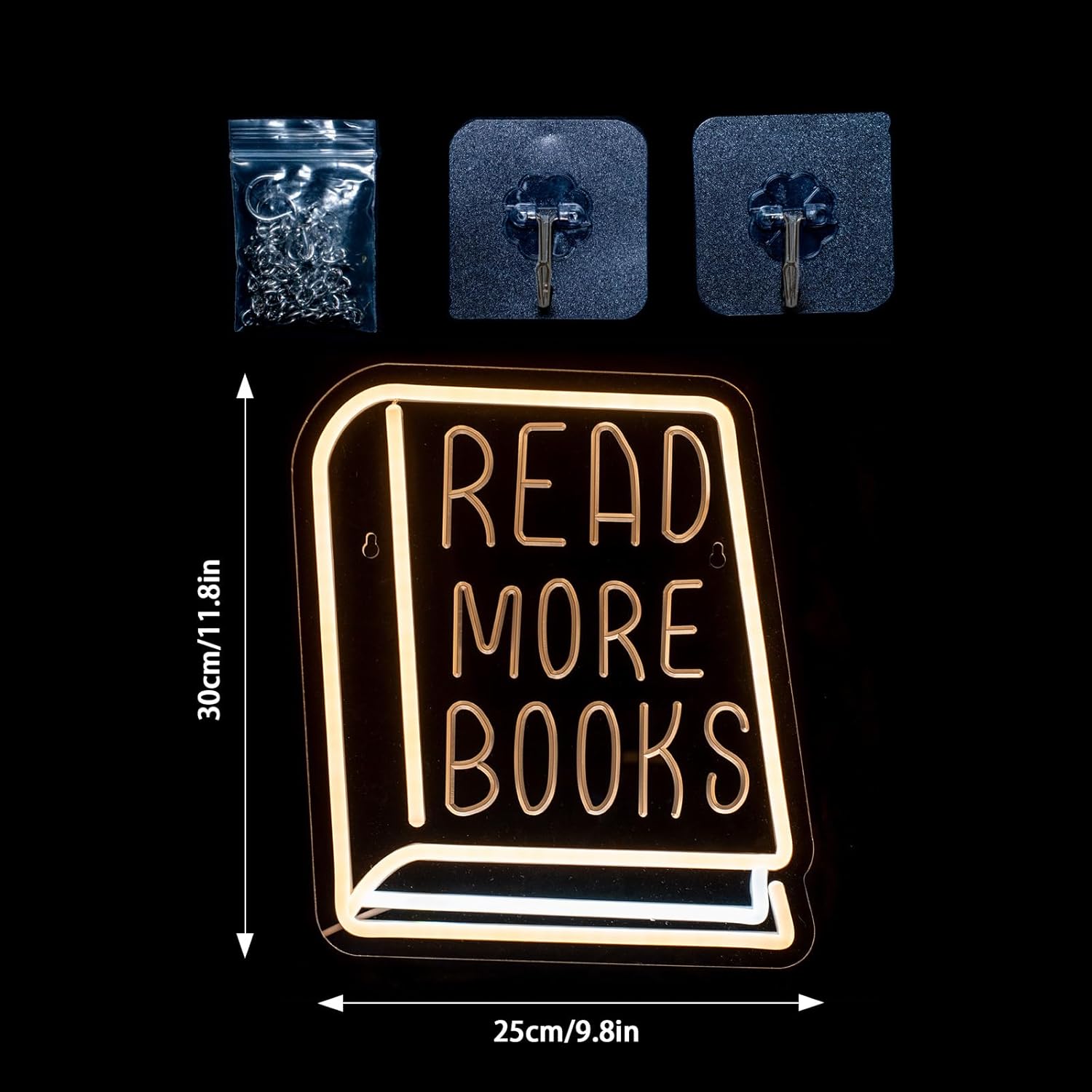 Neon Sign Read More Books, White LED Sign for Library Decor, 11 Inches x 11 Inches, Acrylic Material
