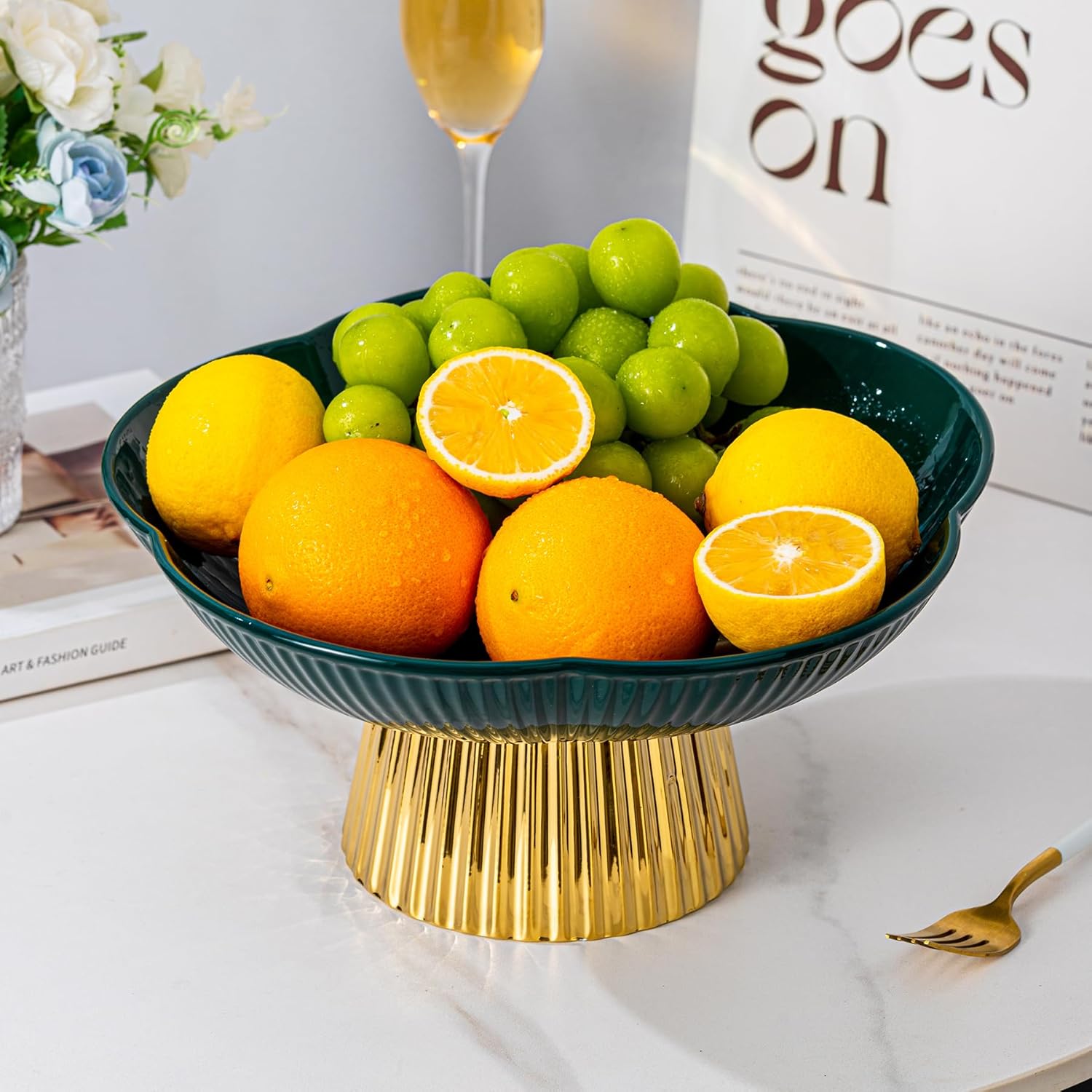 Ceramic Fruit Bowl, 11 Inch Large Dinner and Tea Coffee Pedestal Tray,Elegant and Practical Bread and Fruit Footed Bowls for Kitchen Counter, Salad or Dessert Display Trays for Parties(Green).