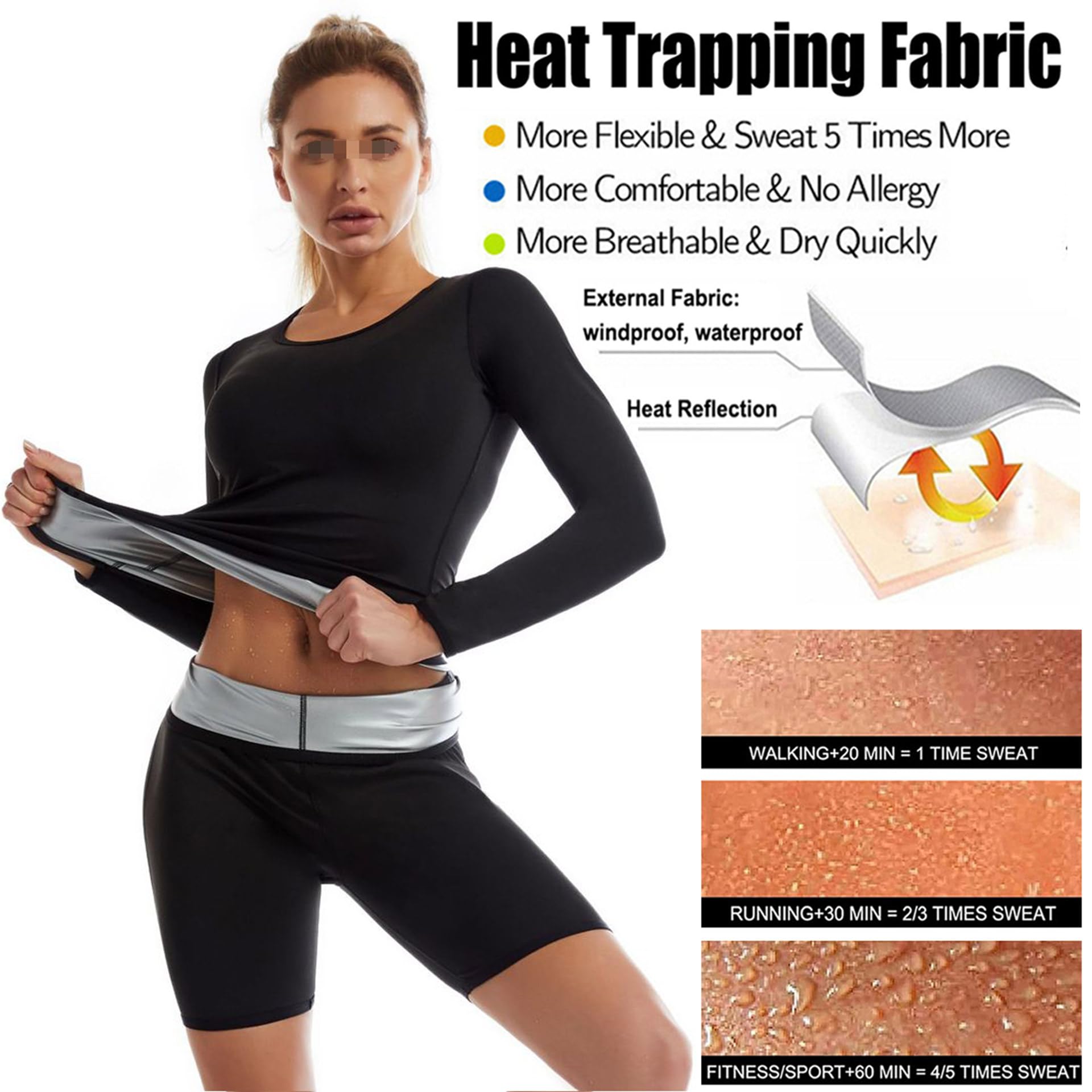 Vêtement De Sudation, Sudation Femme Amincissant, Combinaison Sudation Femme, Tenue De Sudation pour Fitness Running Jogging, Haut De Sudation Et Shorts De Sudation
