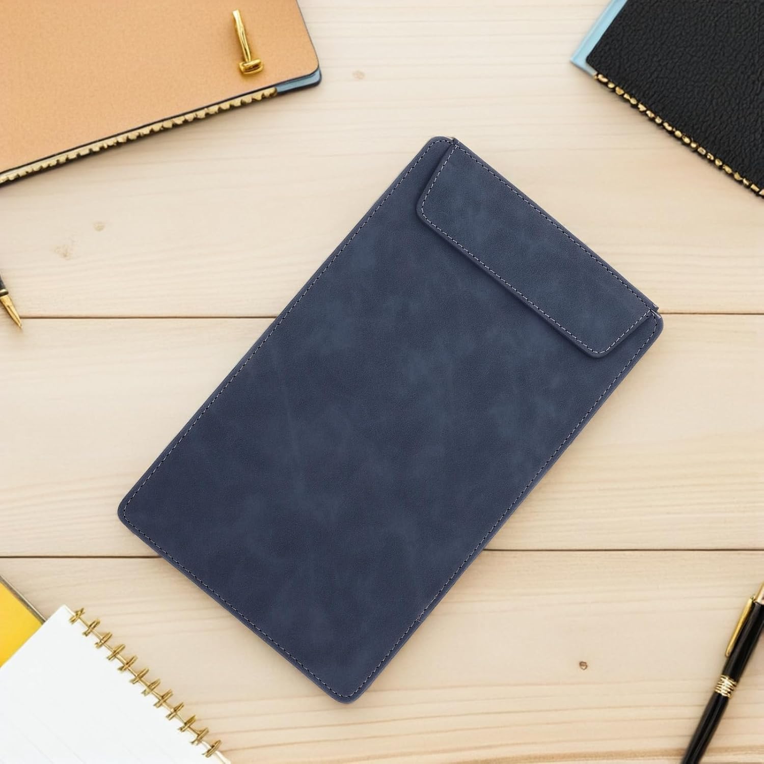 2pcs A5 Restaurant Menu Clipboards with Faux Leather Cover, Bill Organizer Wallet and Receipt Holder for Servers and Office Use, 15x25cm Denim Blue