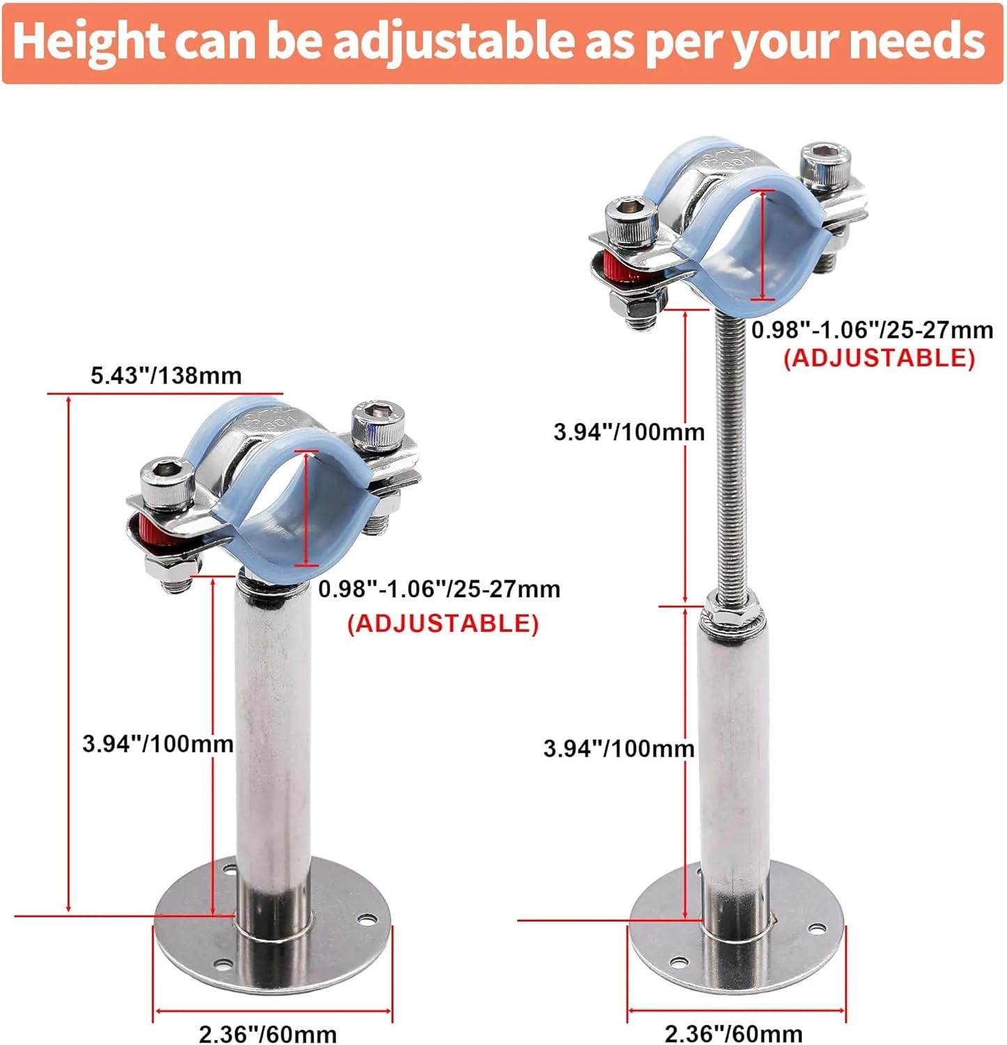 2PC 15-108mm Tube OD Clip Support Bracket with Base Plate Pole Wall Hanger Mount Pipe Supports 50-100mm/100-200mm(50-100mm Adjust,38-40mm)