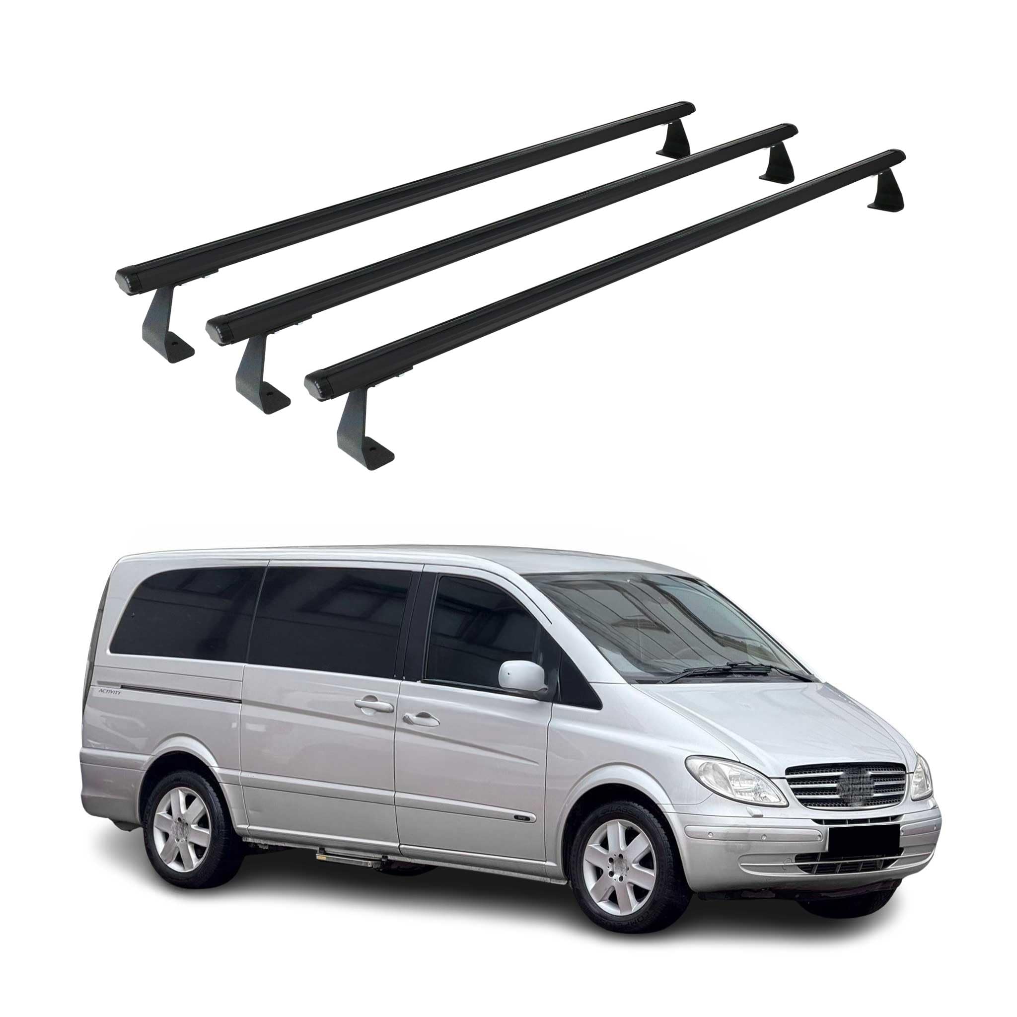 OMAC Heavy Duty Barras de Techo Transversales Compatibles con Mercedes Vito W639 2003-2014 – 3 Stangen – Aluminio Negro