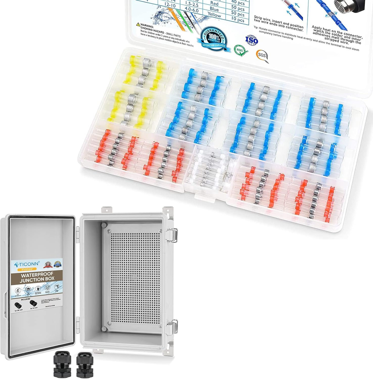TICONN 150 Pieces Solder Seal Wire Connectors+ Waterproof Electrical Junction Box