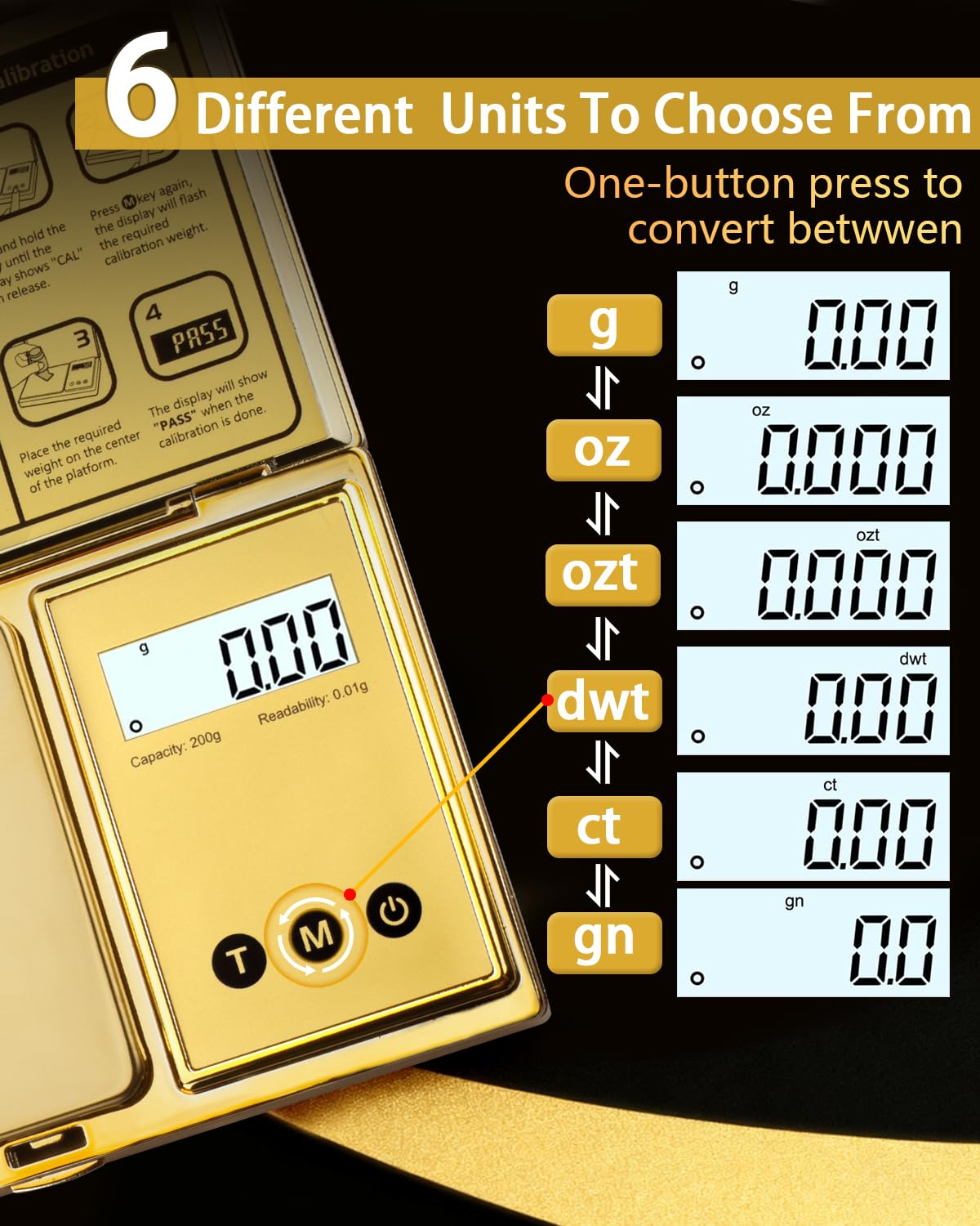 Báscula digital de bolsillo de 200 g/0,01 g, chapado en titanio dorado, pantalla LCD retroiluminada, mini báscula de joyería con 6 unidades, apagado automático, función de tara para