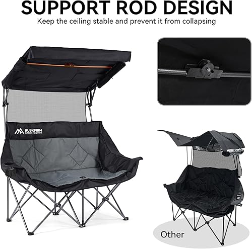 Miniatura 6 de Silla de camping doble con toldo plegable doble con toldo ajustable, silla de camping resistente con dos portavasos y bolsa de transporte para