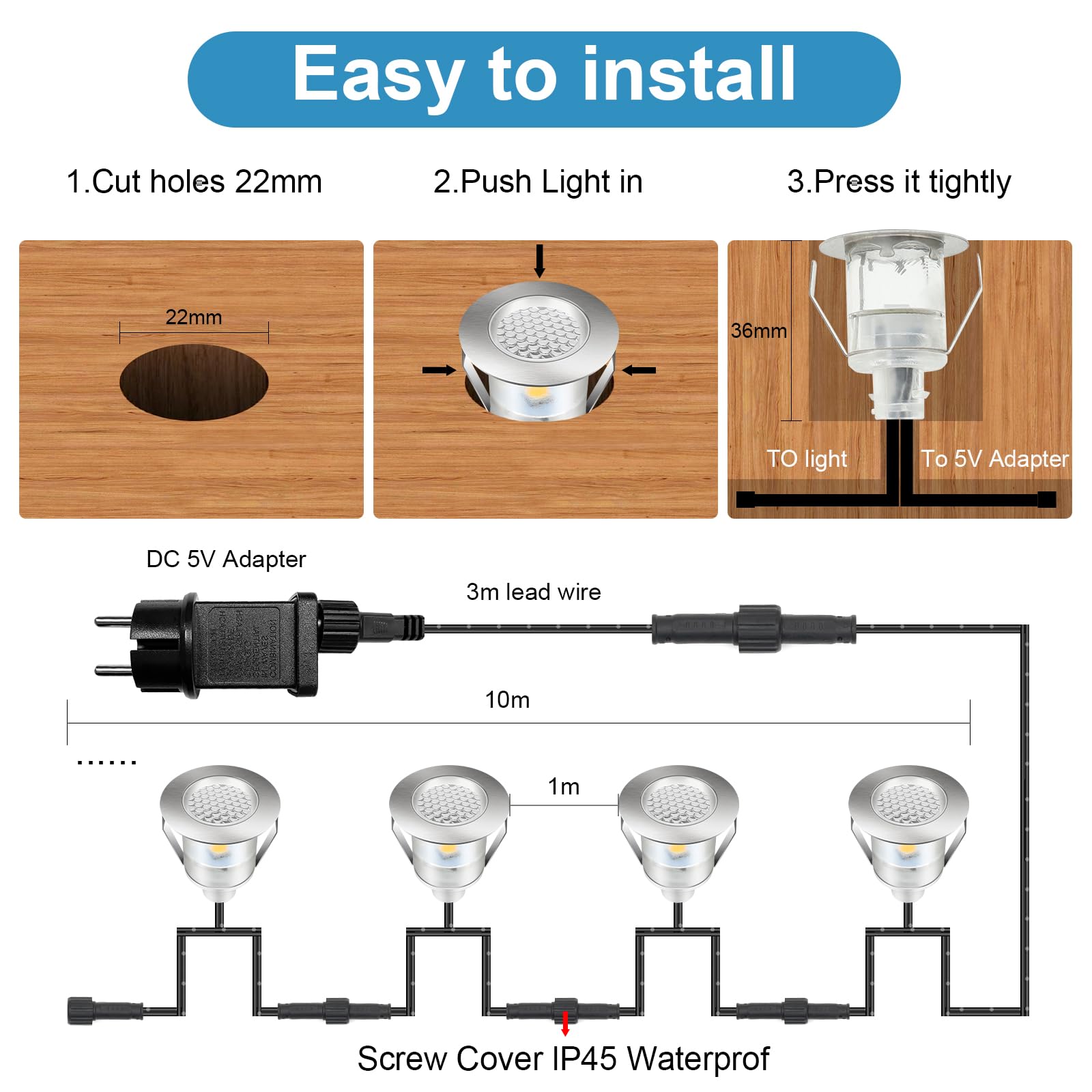 Bigzom Lot de 10 spot encastrable exterieur Blanc chaud mini spot led encastrable IP67 étanche Convient pour spot escalier l'extérieur intérieur Pont en bois Piscine Terrasse en bois Jardin