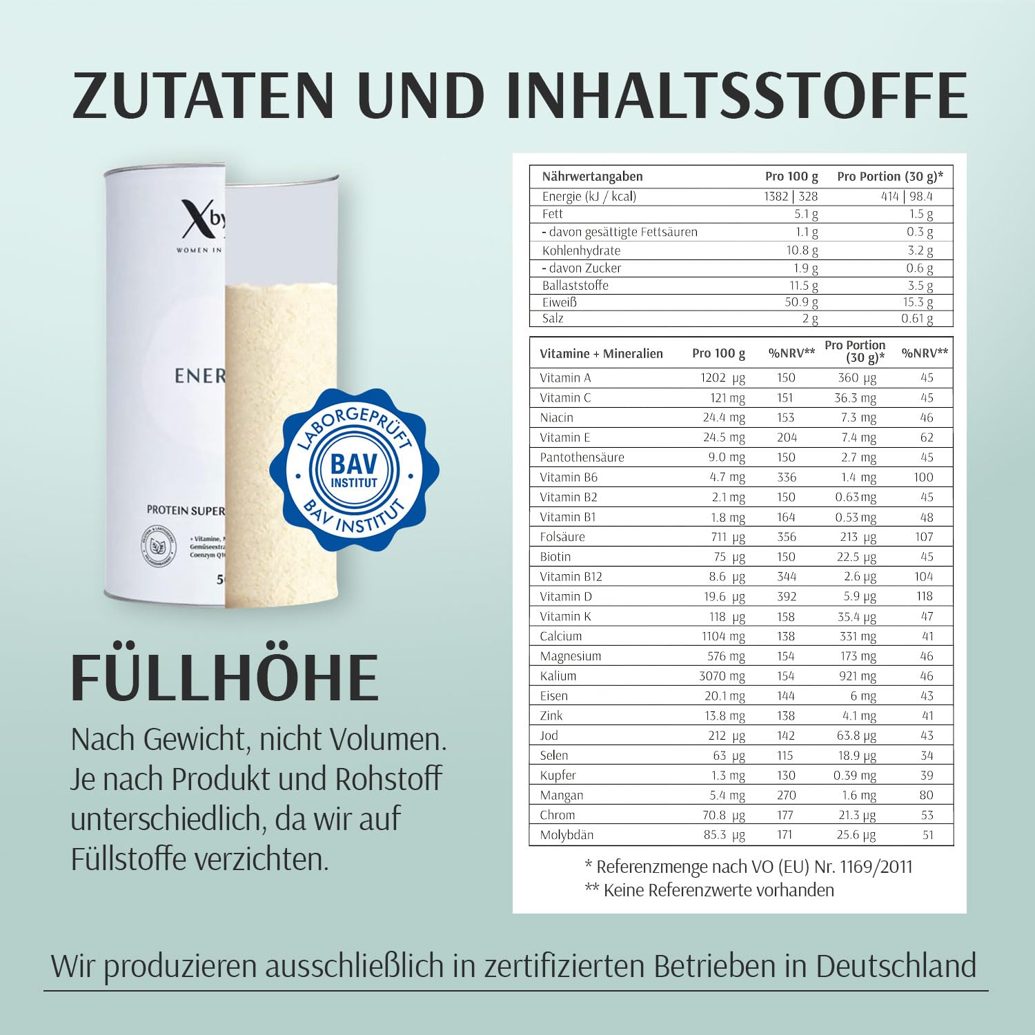 XbyX Energie 500 g | 16 Portionen | Veganes Superfood Proteinpulver für Shake oder Smoothie | Geschmacksneutrales Eiweißpulver mit essentiellen Aminosäuren & wertvollen Vitaminen | Aus Deutschland