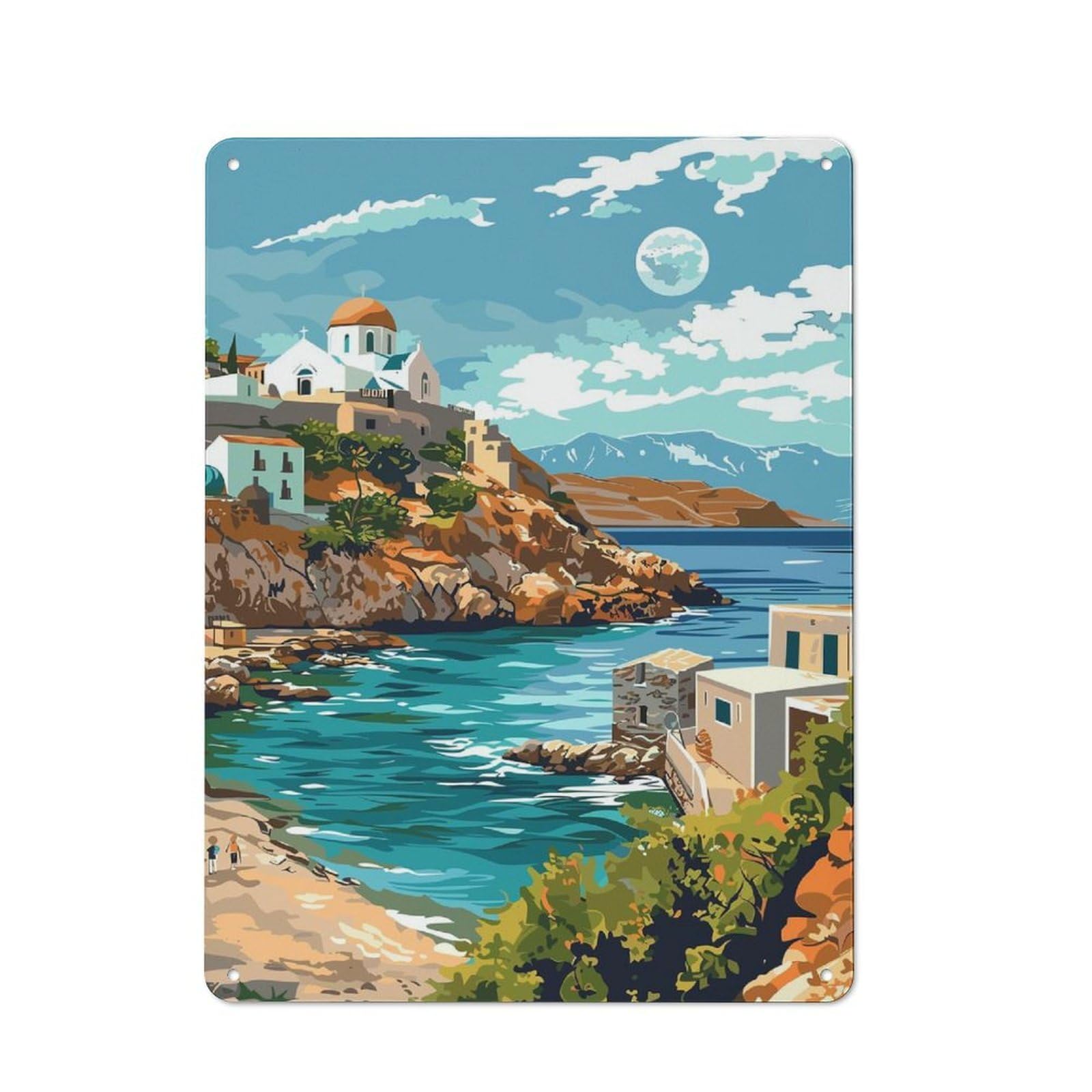 Junmoney Style-20 Crete Coastal Landscape Vintage Tin Wall Plaque 40X30cm For Hobby Room Or Studio, A Decorative Metal Sign For Hobby Rooms And Studios