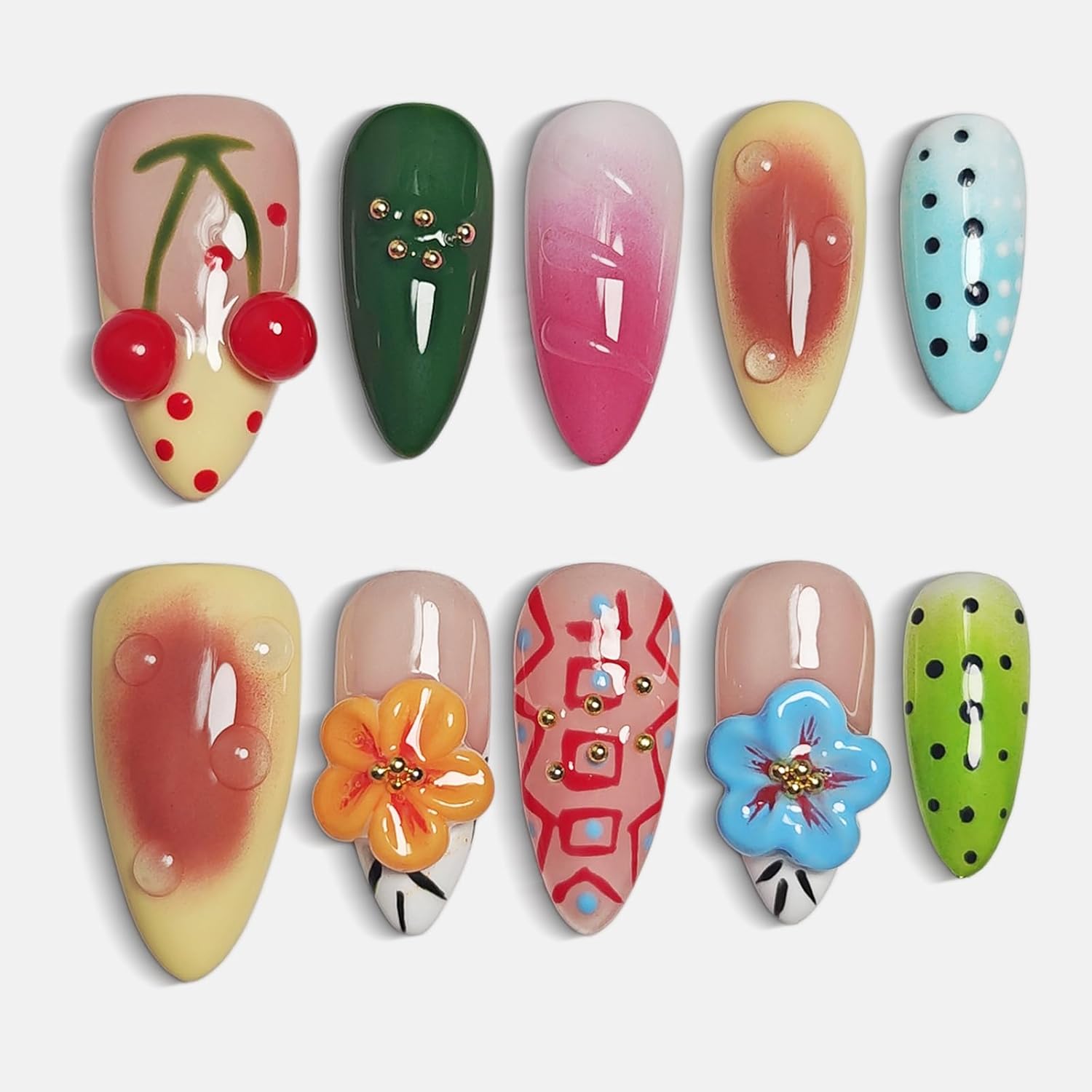 Handmade Press On Nails Almond, Flower 3D Press On Nails Medium, Hand-Painted Flower Nails Cherry 3D Ombre Aura For Women Gift, Reusable Stick On Fake Nails Kit With Nail Glue(Cherry Garden-S)