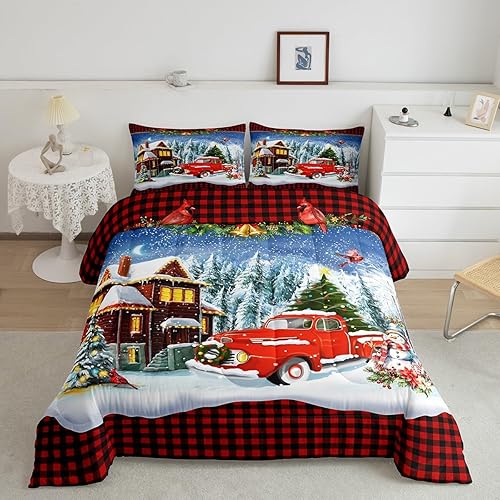 Miniatura 1 de Juego de edredón de Navidad para niños, tamaño individual, juego de ropa de cama retro con diseño de camión rojo y nieve de invierno, juego de