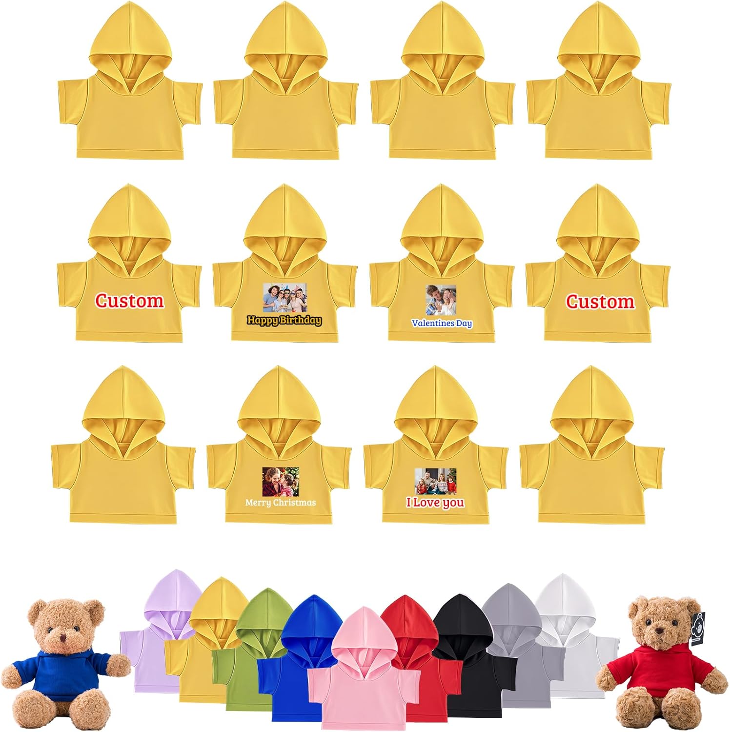 12 Pcs Personalized Teddy Bear Clothes with Photo Text, Custom Stuffed Animal Clothing Fit 8-16inch Stuffed Bear Clothes, Personalized Doll Clothing Make Your Own Plush Doll Shirt