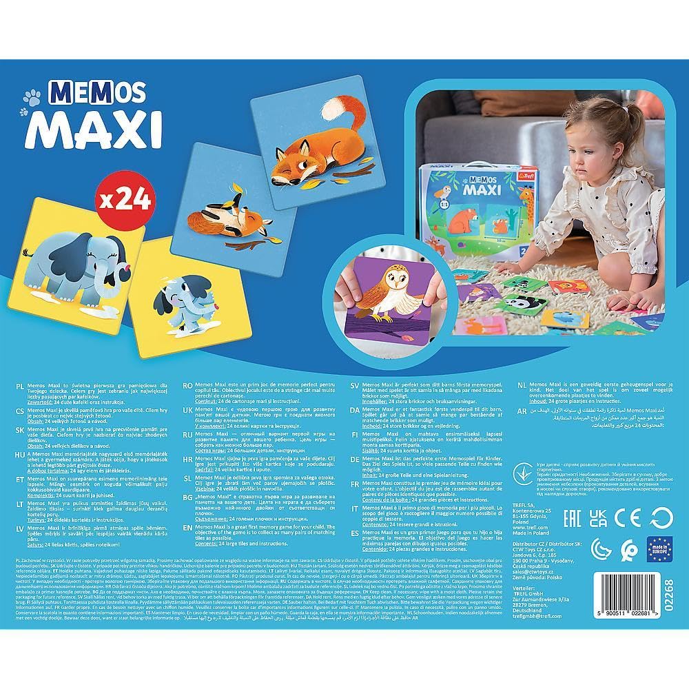 Trefl - Memos Maxi Zwierzęta i ich dzieci - Edukacyjna Gra Pamięciowa dla Najmłodszych, Odnajdywanie Par Obrazków, Duże Elementy i Gruba Tektura, Klasyczna Gra Memory dla Dzieci od 2 lat