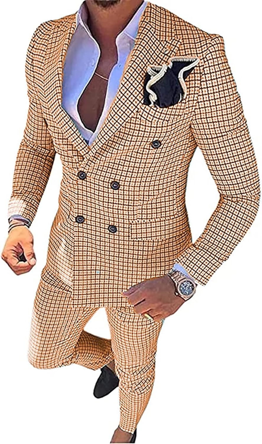 Mens Plaid Slim Fit 2 Pieces Suit Casual Notched Lapel Blazer Mens Blazer Slim Fit Sport Coats