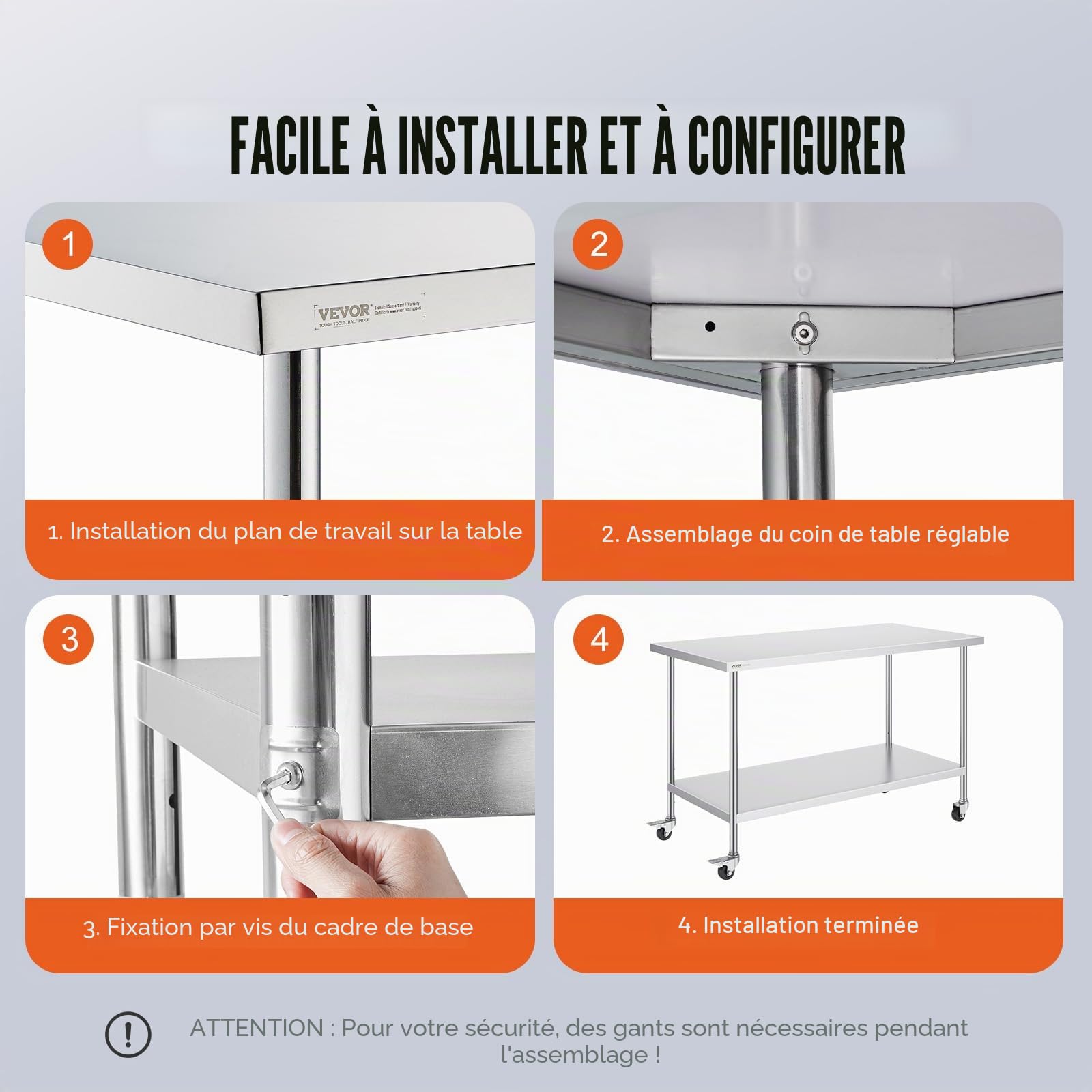 VEVOR Table de Travail en Acier Inoxydable 76,2x152,4x95,5 cm, Table de Préparation des Aliments avec roulettes, 3 Niveaux de Hauteur Réglables, Meuble de Rangement, pour Restaurant Maison Bar