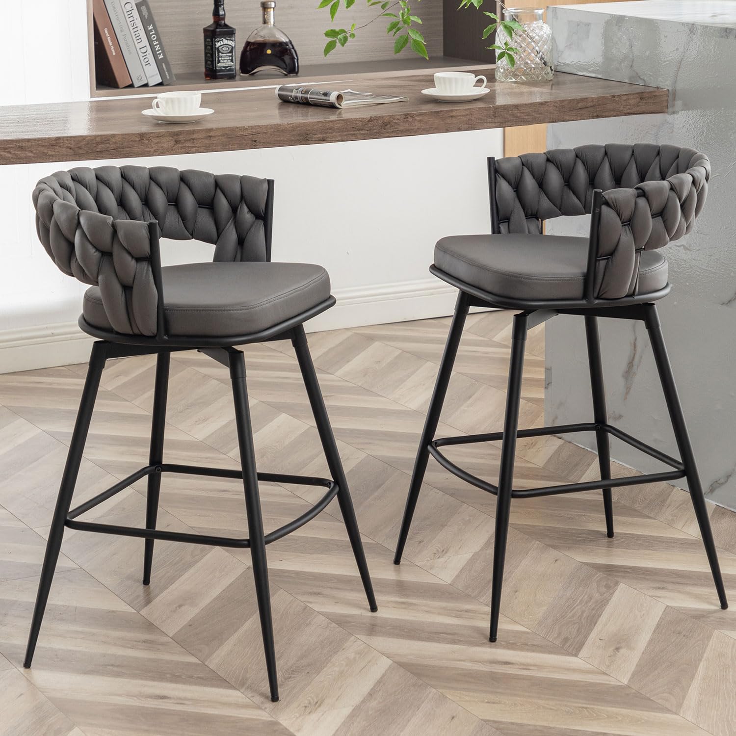 counter height bar stools set of 2, 26 inch modern bar chairs with woven back, 360° swivel bar stools for kitchen island, cafe, bar counter (grey)