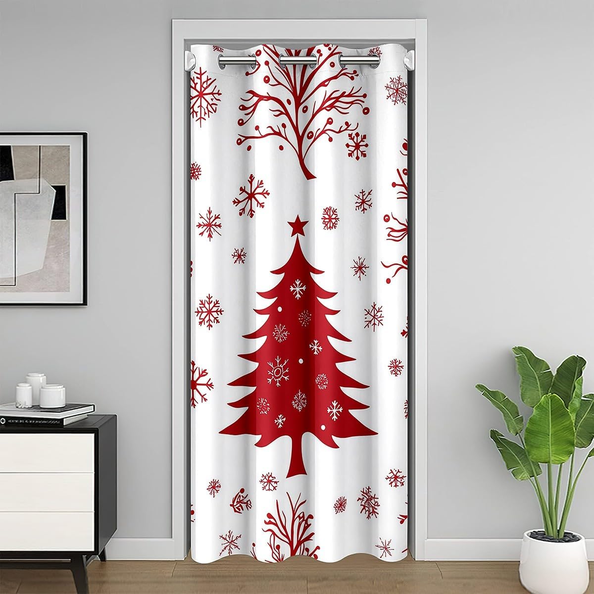 Cute Snowman Door Curtain Watercolor Green Holly Leaves Red Winterberry Doorway Curtain Privacy for Kids Boys Girls Teens Retro Grid Rustic Christmas Curtain Drape for Bedroom Door Window 60"W X 80"L