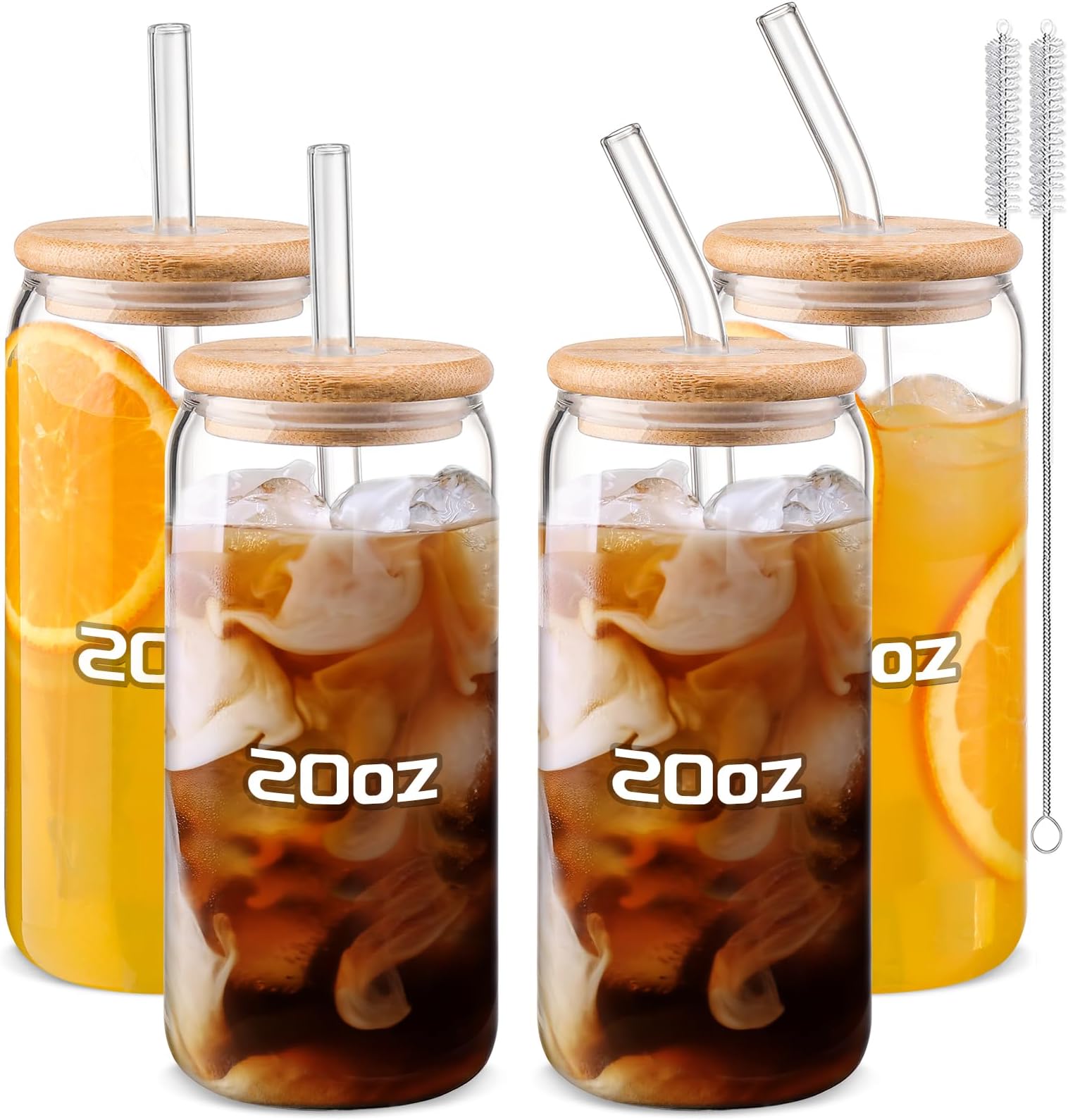 Glass Cups “20oz”,Glass Cups with Lids and Straws 4 pcs-DWTS Coffee Cups,Drinking Glasses Set,Glass Tumbler with Straw and Lid Gift 2 Cleaning Brushes