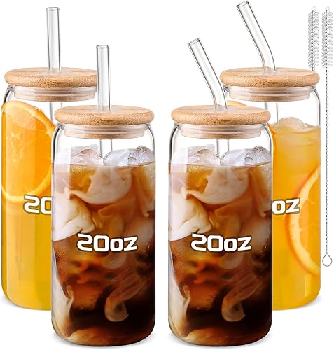 Miniatura 20 de DWTS DANWEITESI Vasos de vidrio con tapas y pajitas, 4 piezas, juego de vasos de 16 onzas para accesorios de barra de café, tazas de café helado