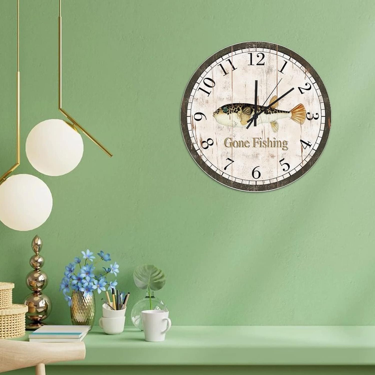 15in Hanging Clock Vintage Gone Fishing Wooden Clock Float Frame Print Shabby Chic Quartz Analog Battery Operated Novelty Home Accessories for Home Sewing Room Residence Patio image 5