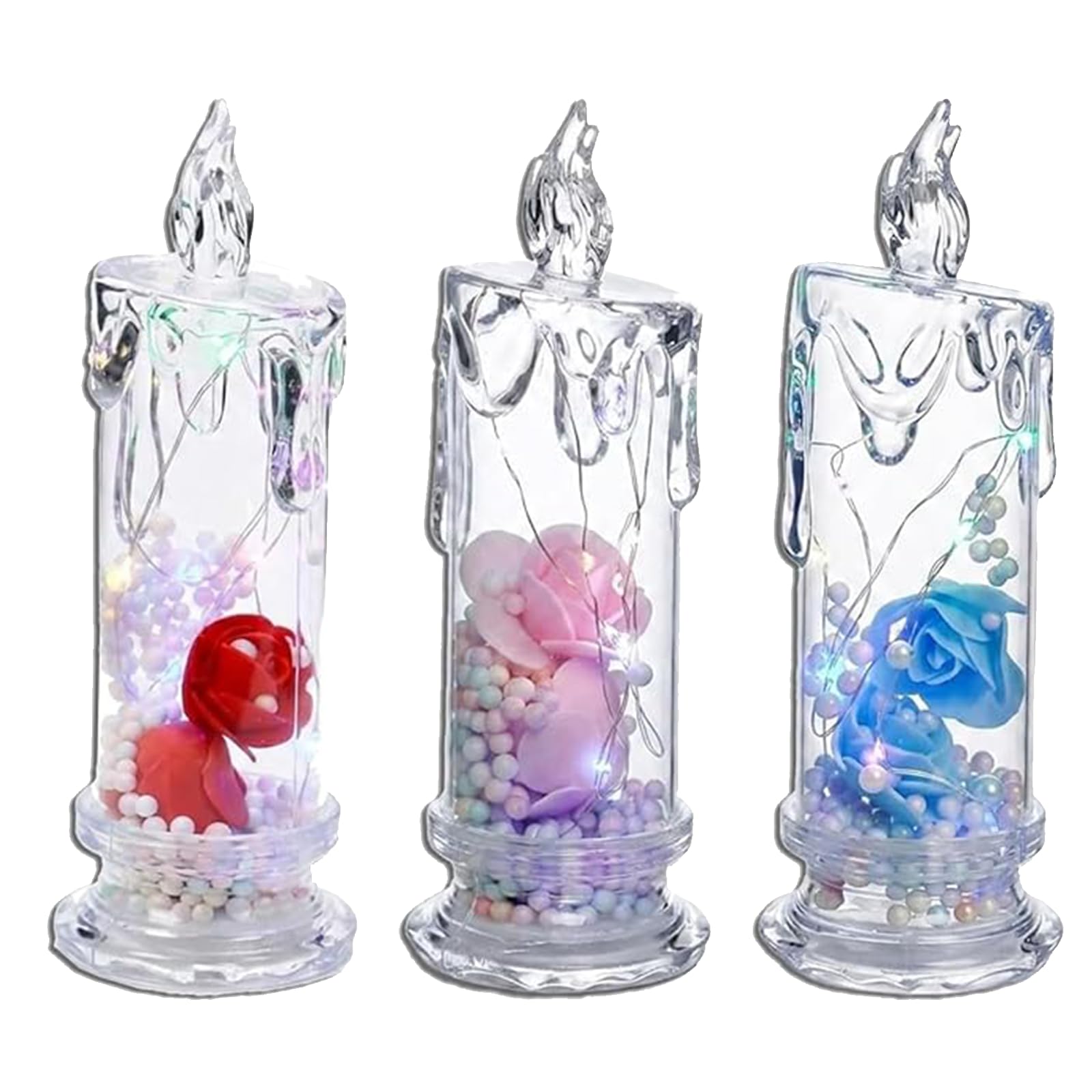 Miepkvl 3Pcs Realistic Rose Candle Lights Battery-Powered LED Crystal Candle Lights, Romantic Flameless Pillar Candle Lights with Rose Shadow for Wedding Anniversary Decoration (Mixed)