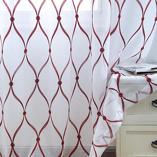 Miniatura 5 de July Joy Cortinas traslúcidas blancas de 18 pulgadas con cenefa bordada, marroquí, con ojales, para sala de estar, dormitorio, 2 paneles